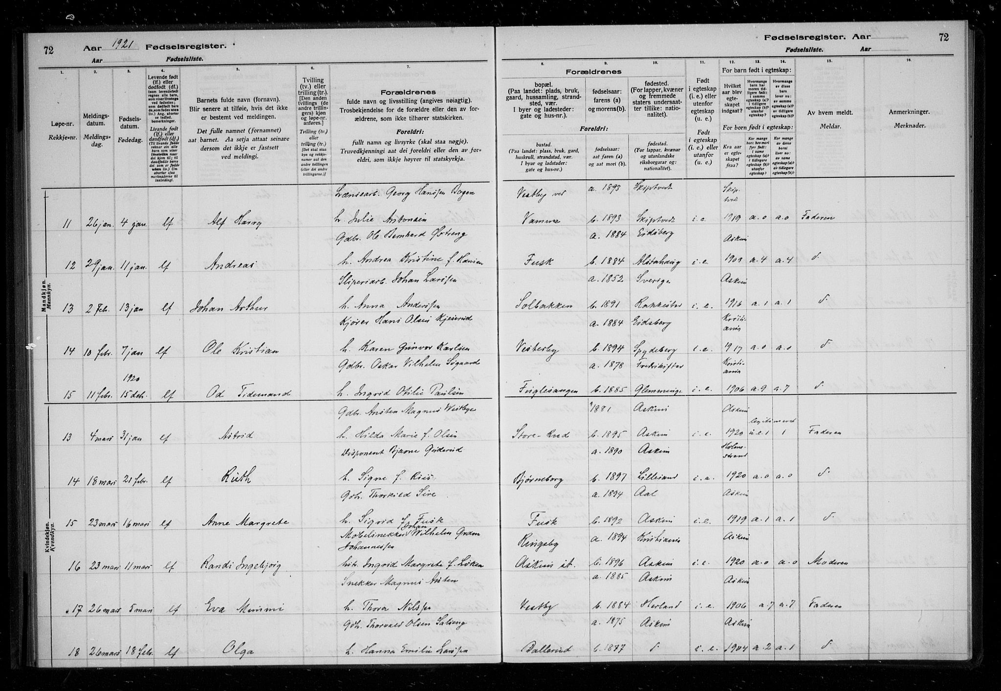 Askim prestekontor Kirkebøker, AV/SAO-A-10900/J/Ja/L0001: Birth register no. 1, 1916-1929, p. 72