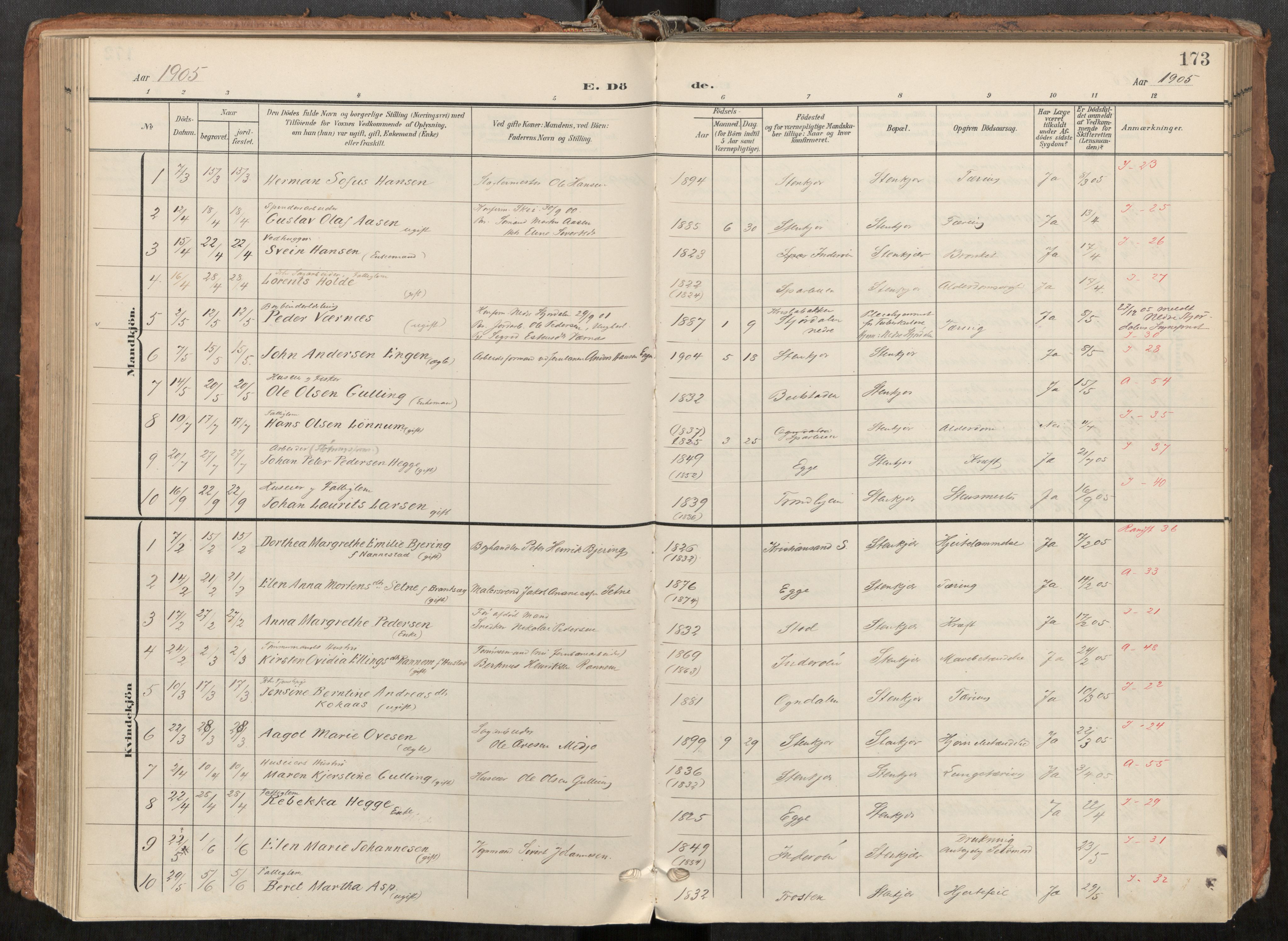 Steinkjer sokneprestkontor, AV/SAT-A-1541/01/H/Ha/Haa/L0001: Parish register (official) no. 1, 1904-1912, p. 173