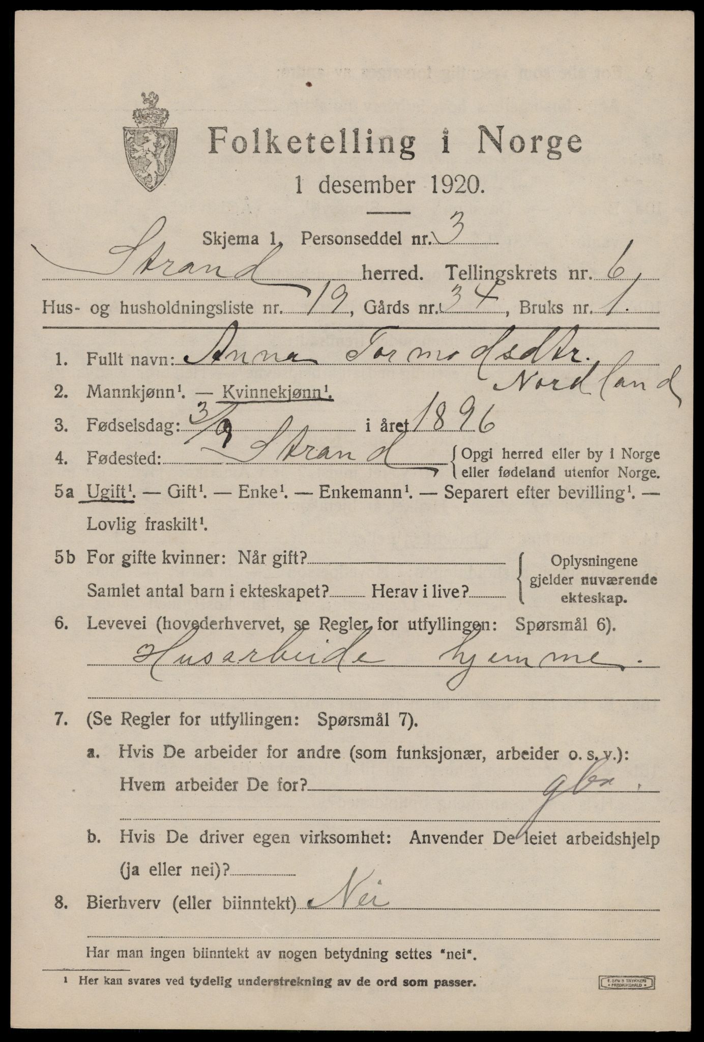 SAST, 1920 census for Strand, 1920, p. 4236