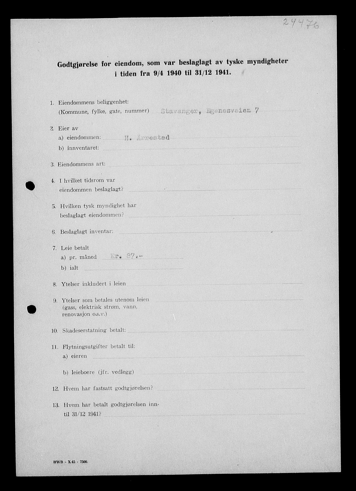 Justisdepartementet, Tilbakeføringskontoret for inndratte formuer, RA/S-1564/I/L1014: Godtgjørelse for beslaglagt eiendom, 1940-1941, p. 153