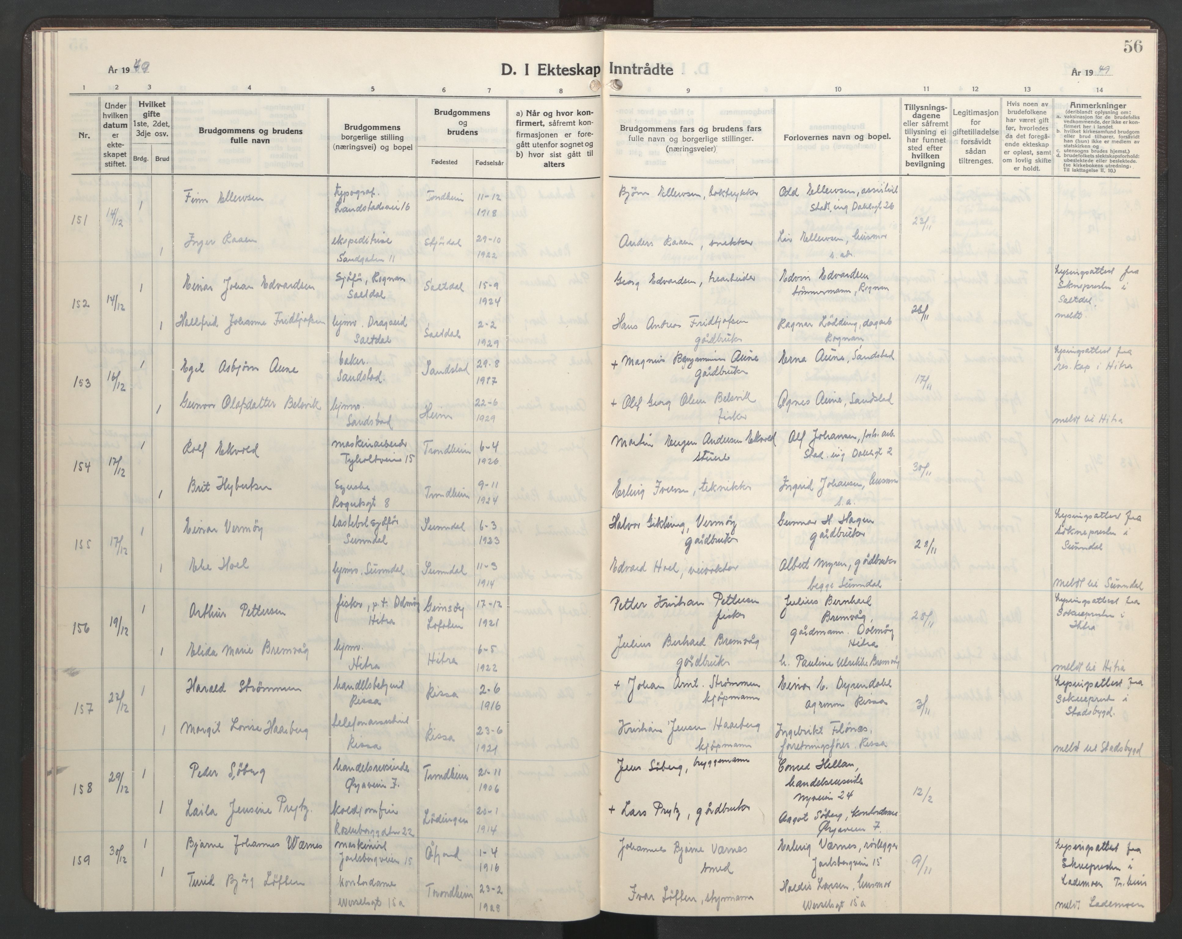 Ministerialprotokoller, klokkerbøker og fødselsregistre - Sør-Trøndelag, AV/SAT-A-1456/602/L0155: Parish register (copy) no. 602C23, 1947-1950, p. 56