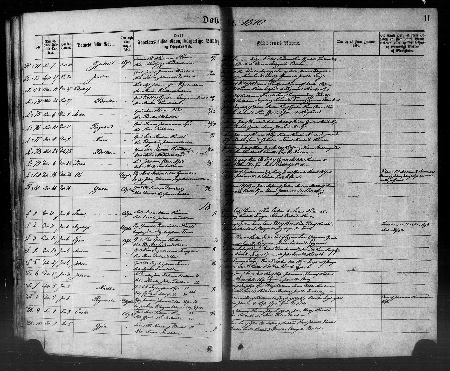 Leikanger sokneprestembete, AV/SAB-A-81001/H/Haa/Haaa/L0009: Parish register (official) no. A 9, 1869-1888, p. 11