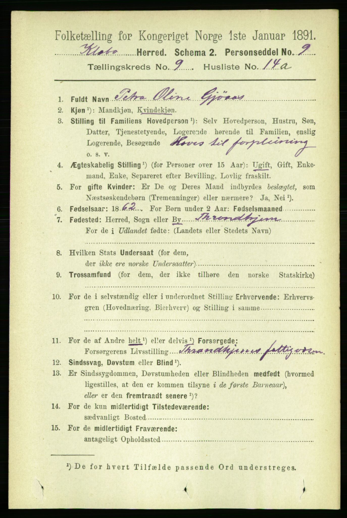 RA, 1891 census for 1662 Klæbu, 1891, p. 1832