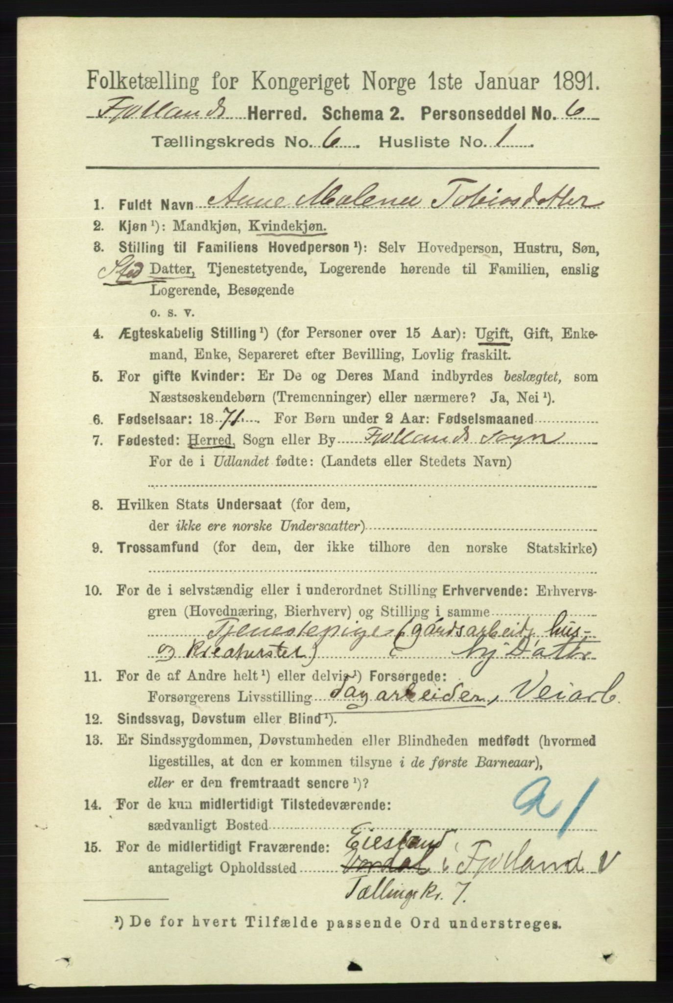 RA, 1891 census for 1036 Fjotland, 1891, p. 866