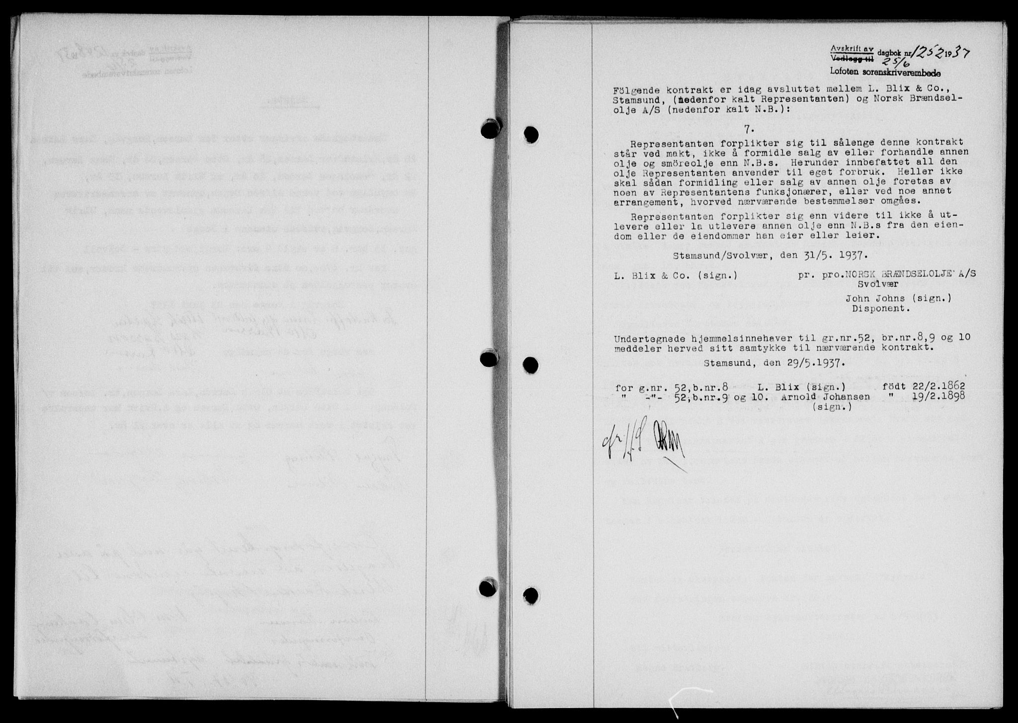 Lofoten sorenskriveri, SAT/A-0017/1/2/2C/L0002a: Mortgage book no. 2a, 1937-1937, Diary no: : 1252/1937