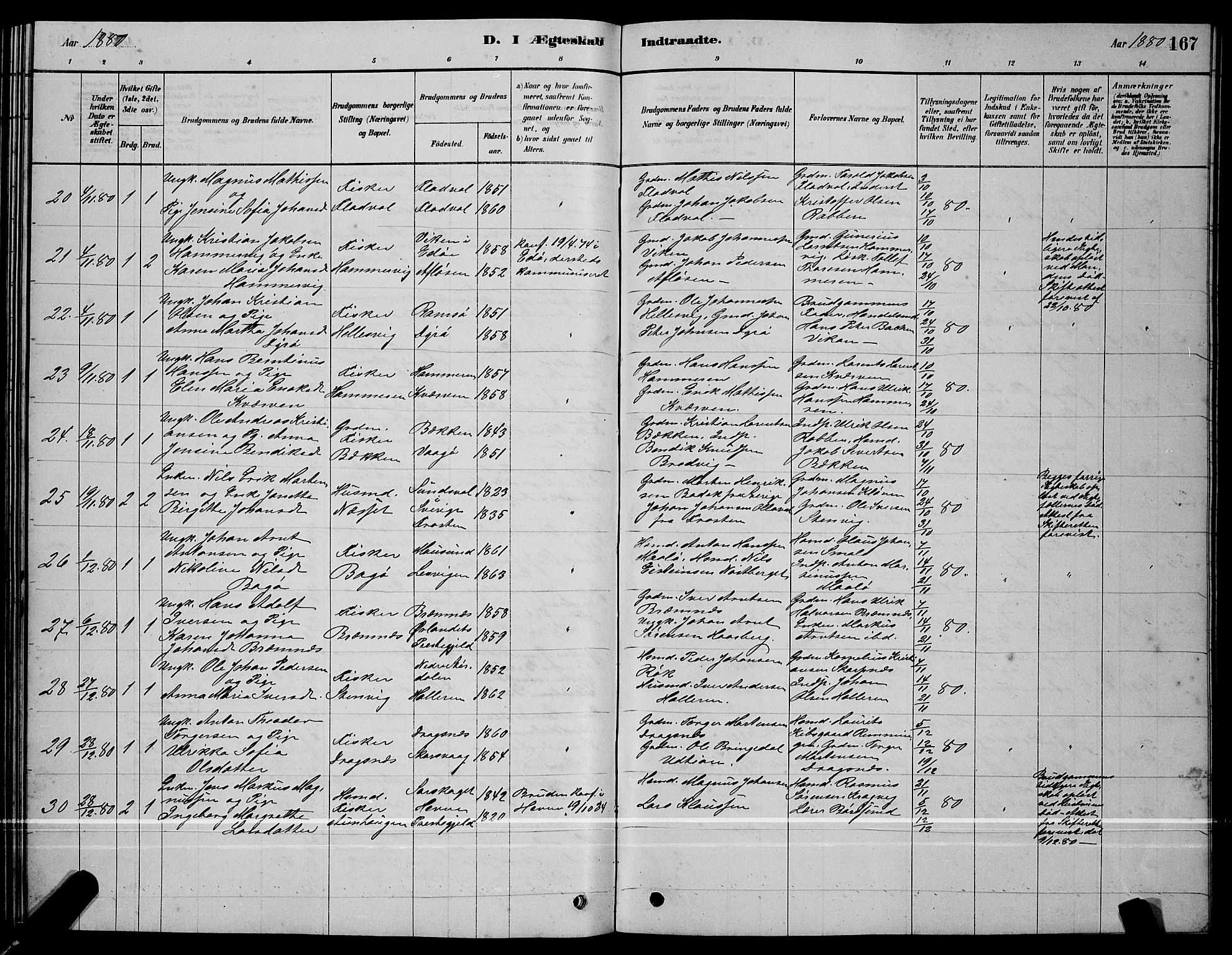 Ministerialprotokoller, klokkerbøker og fødselsregistre - Sør-Trøndelag, SAT/A-1456/640/L0585: Parish register (copy) no. 640C03, 1878-1891, p. 167