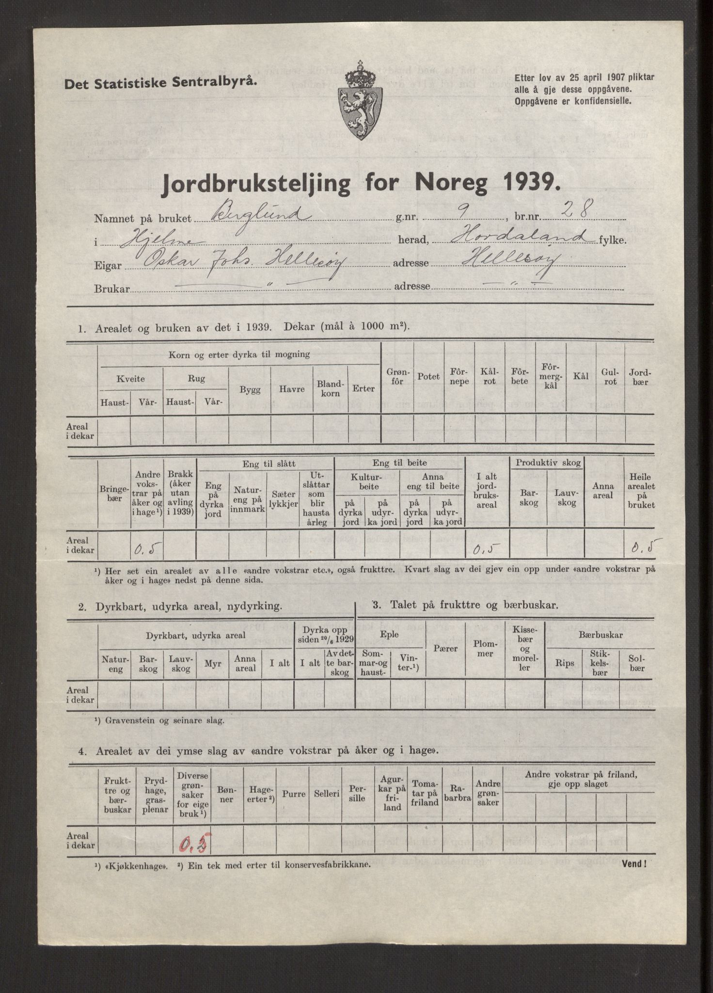 Statistisk sentralbyrå, Næringsøkonomiske emner, Jordbruk, skogbruk, jakt, fiske og fangst, AV/RA-S-2234/G/Gb/L0211: Hordaland: Herdla, Hjelme og Manger, 1939, p. 1143