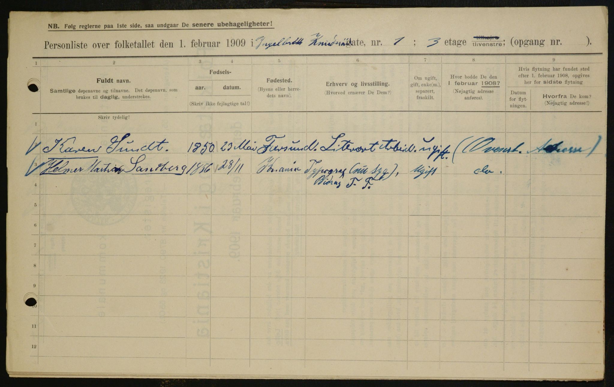 OBA, Municipal Census 1909 for Kristiania, 1909, p. 40047