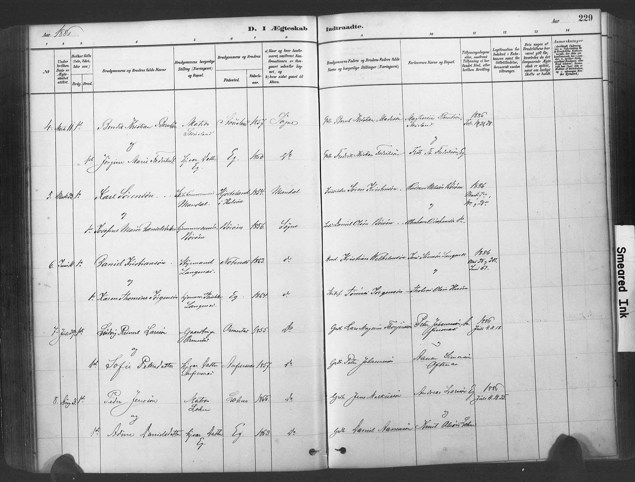 Søgne sokneprestkontor, SAK/1111-0037/F/Fa/Fab/L0012: Parish register (official) no. A 12, 1880-1891, p. 229