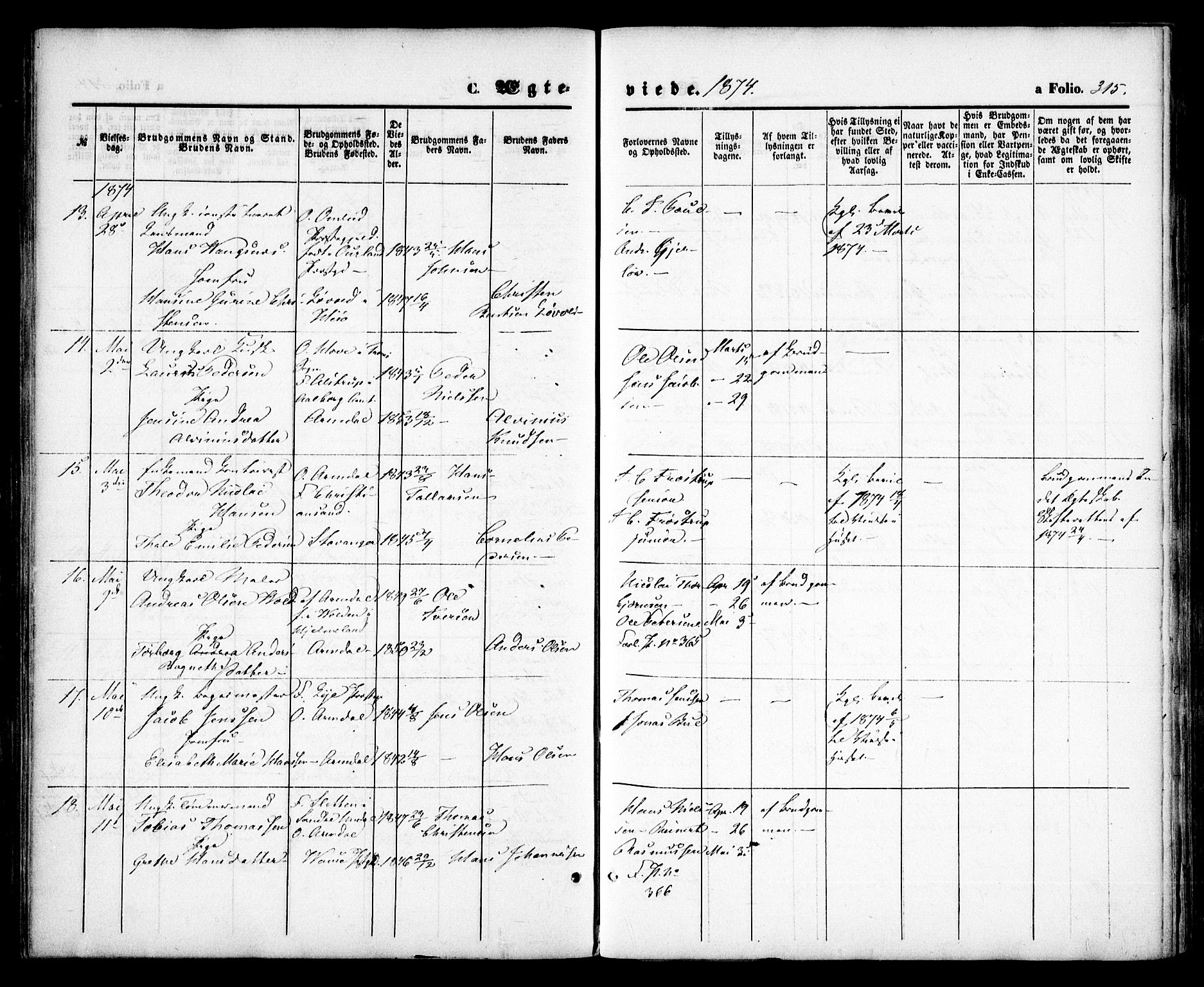 Arendal sokneprestkontor, Trefoldighet, SAK/1111-0040/F/Fa/L0007: Parish register (official) no. A 7, 1868-1878, p. 315