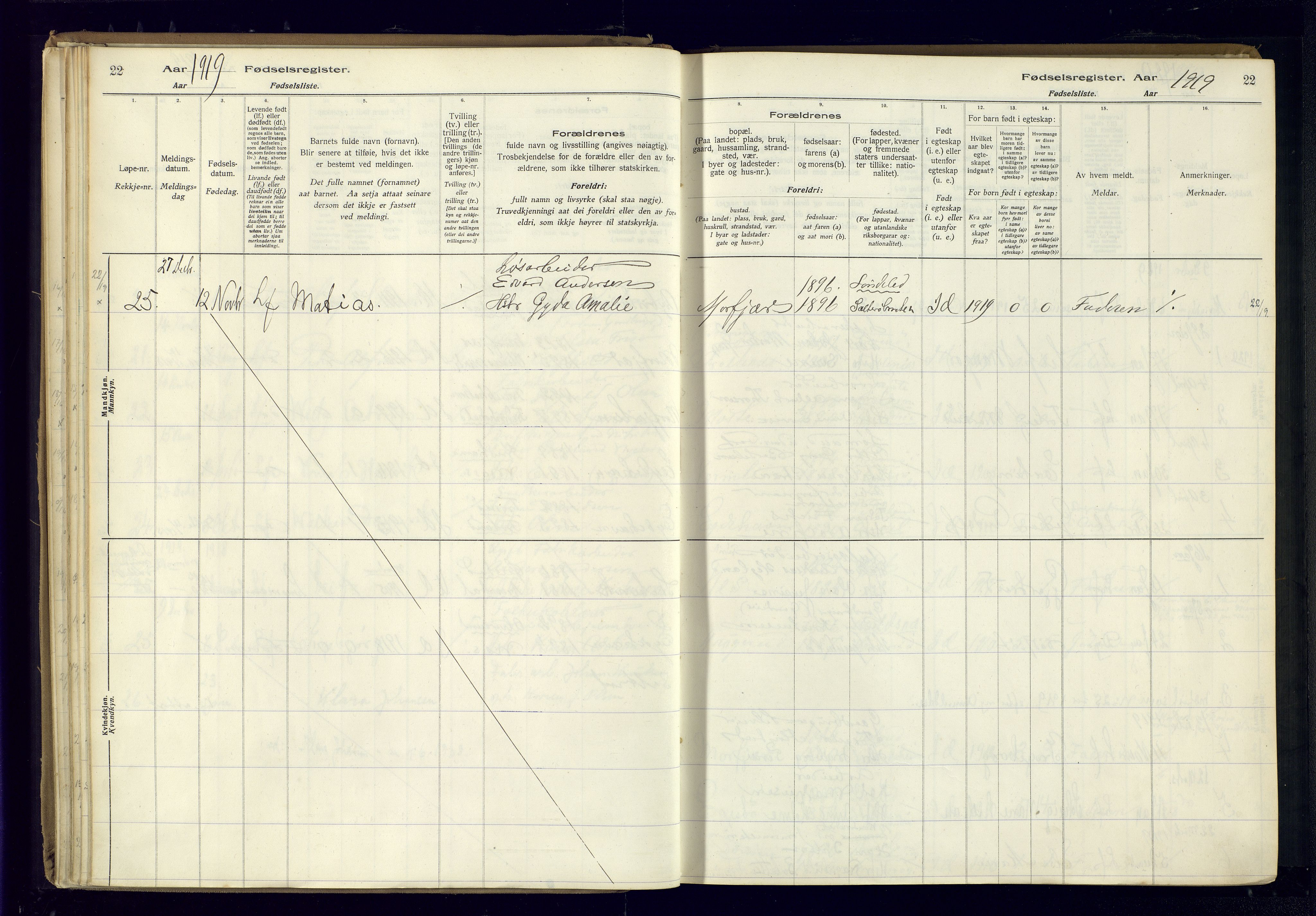 Austre Moland sokneprestkontor, SAK/1111-0001/J/Ja/L0003: Birth register no. A-VI-27, 1916-1950, p. 22