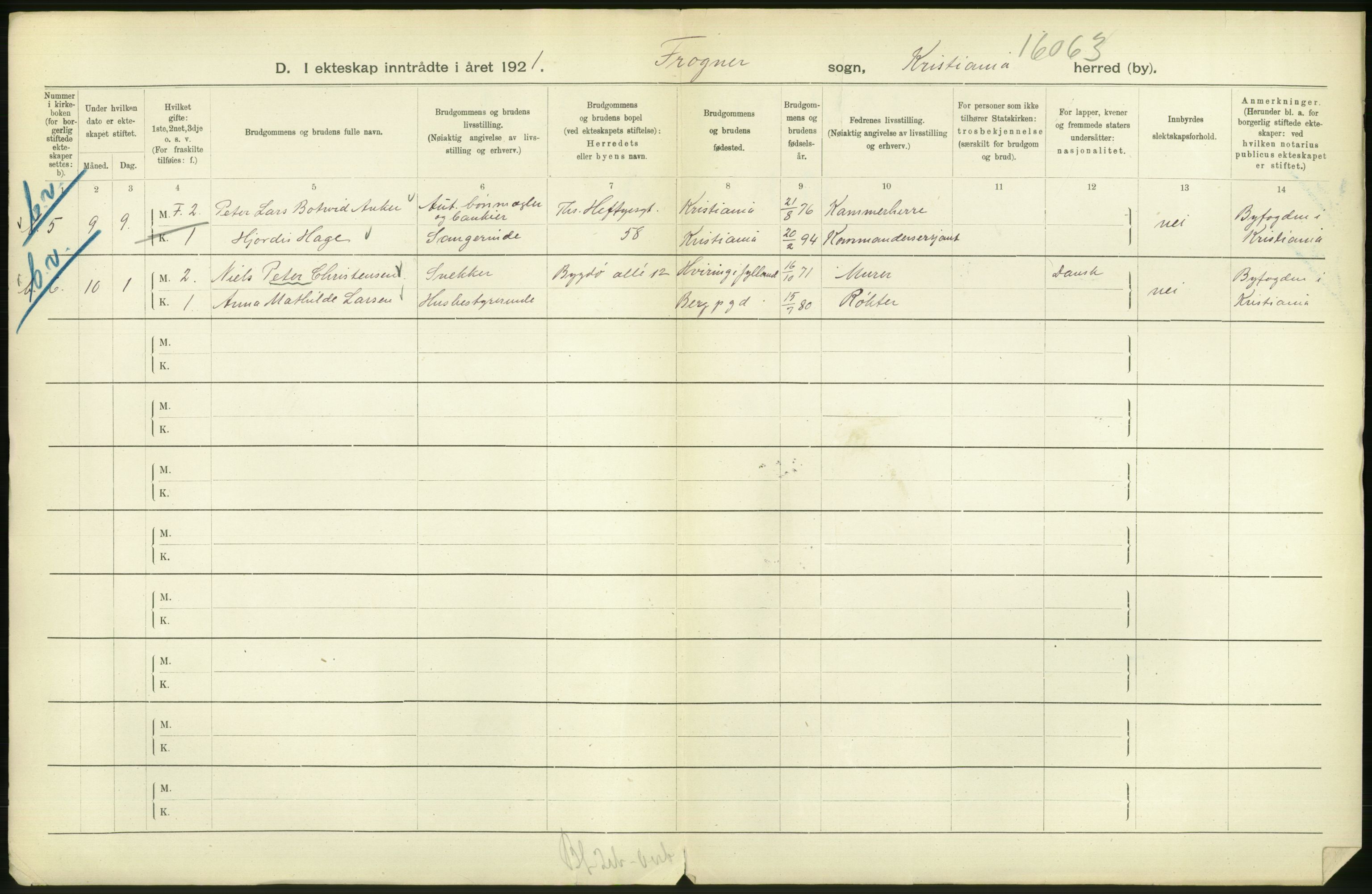 Statistisk sentralbyrå, Sosiodemografiske emner, Befolkning, AV/RA-S-2228/D/Df/Dfc/Dfca/L0011: Kristiania: Gifte, 1921, p. 136