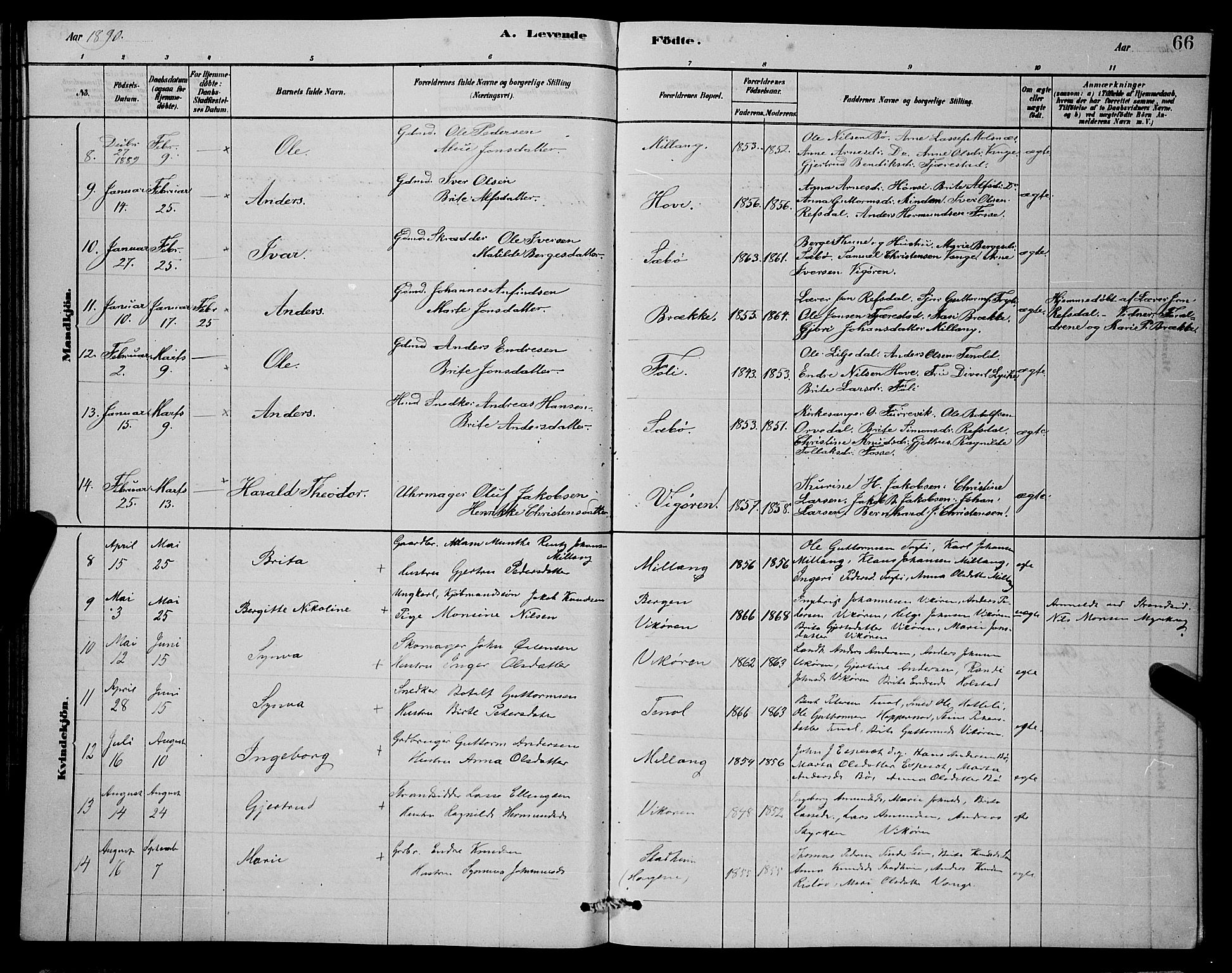 Vik sokneprestembete, AV/SAB-A-81501/H/Hab/Haba/L0003: Parish register (copy) no. A 3, 1878-1894, p. 66