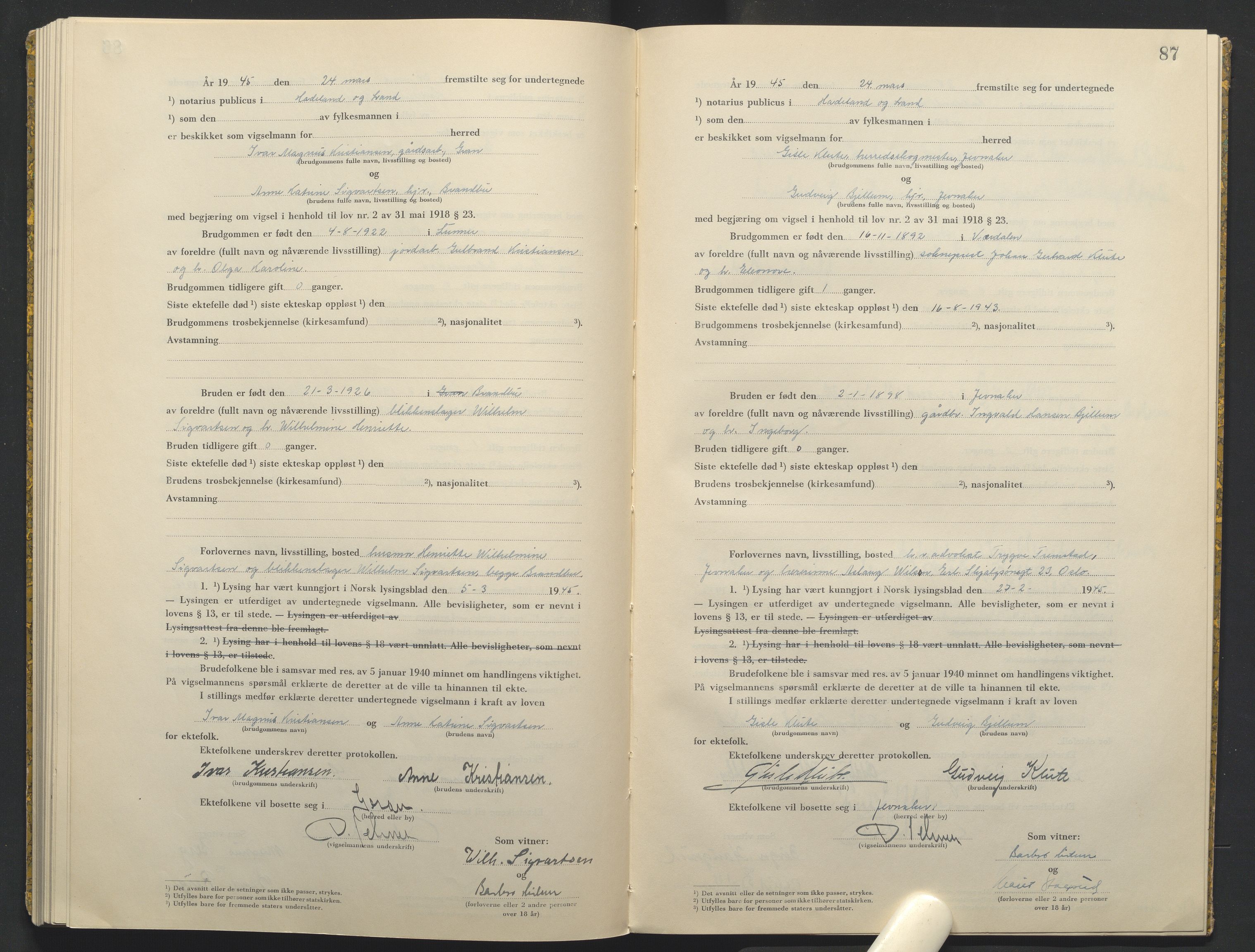 Hadeland og Land tingrett, AV/SAH-TING-010/L/Lb/L0003: Vigselbok, 1944-1946, p. 87