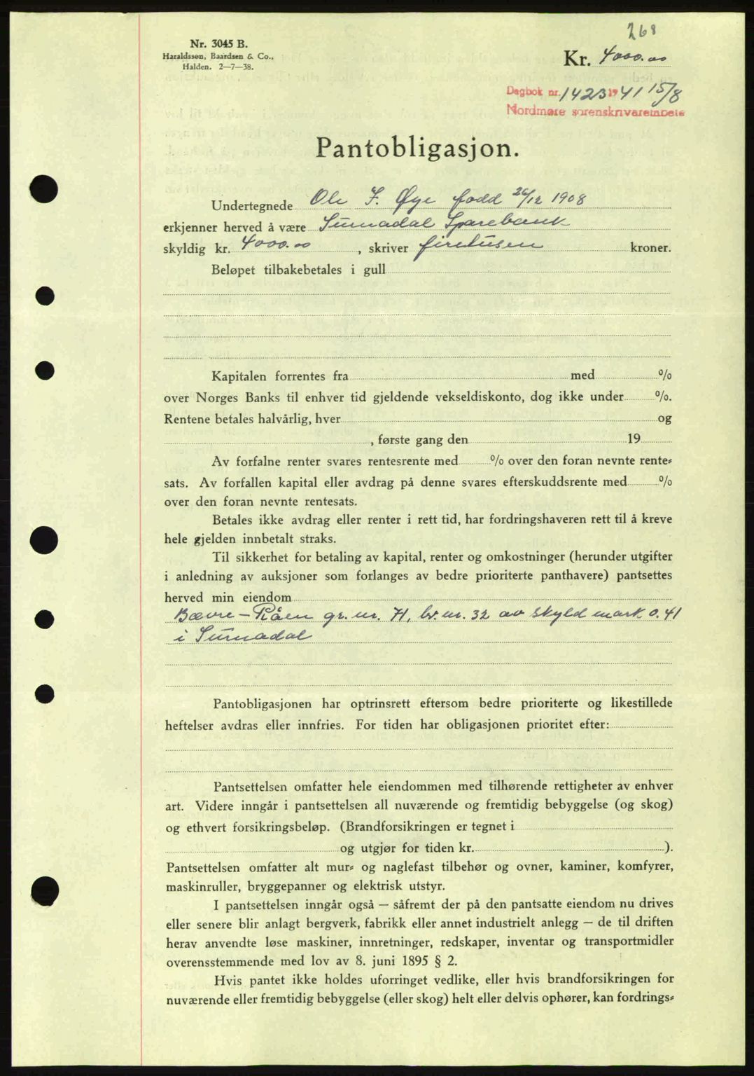 Nordmøre sorenskriveri, AV/SAT-A-4132/1/2/2Ca: Mortgage book no. B88, 1941-1942, Diary no: : 1423/1941