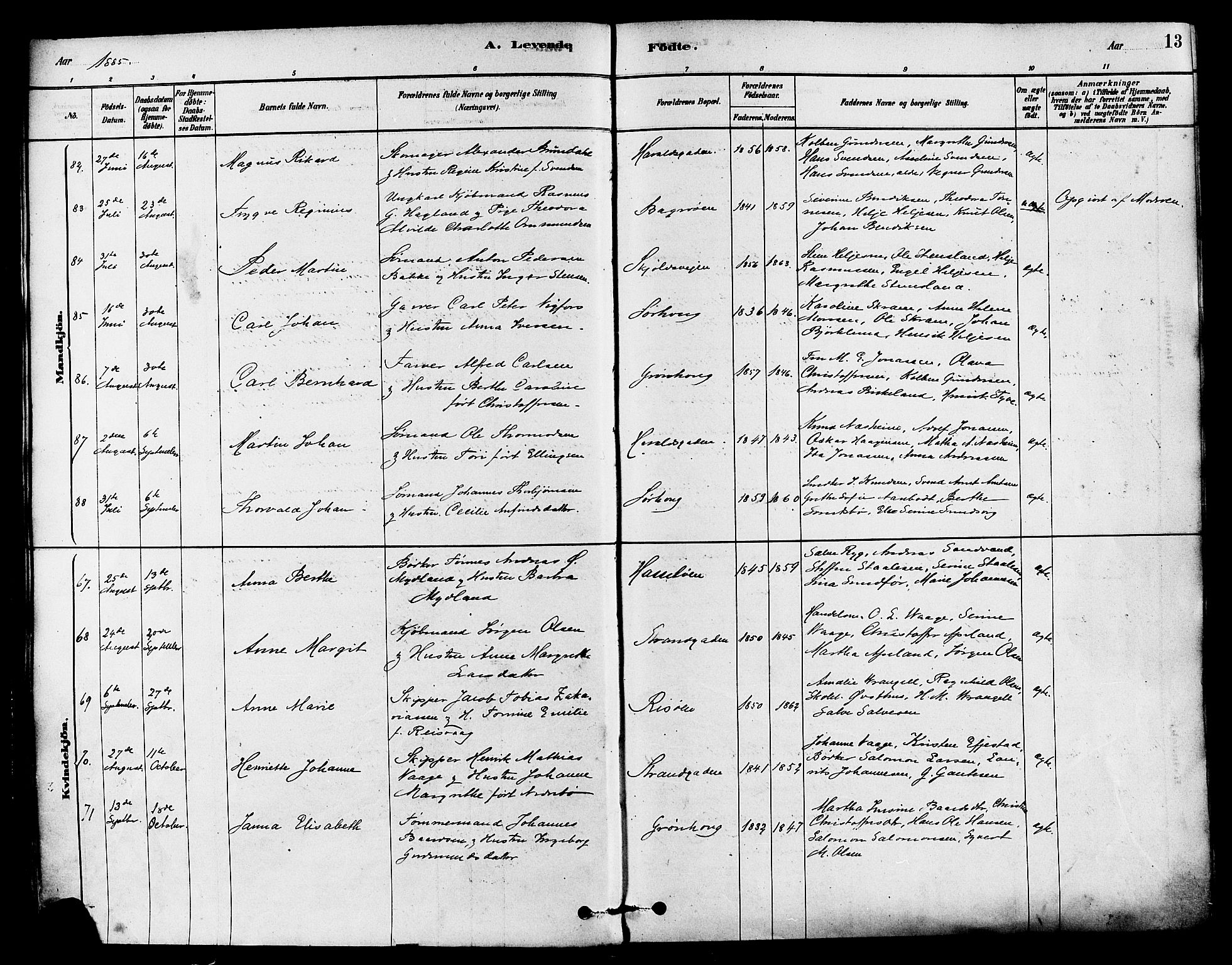 Haugesund sokneprestkontor, SAST/A -101863/H/Ha/Haa/L0003: Parish register (official) no. A 3, 1885-1890, p. 13