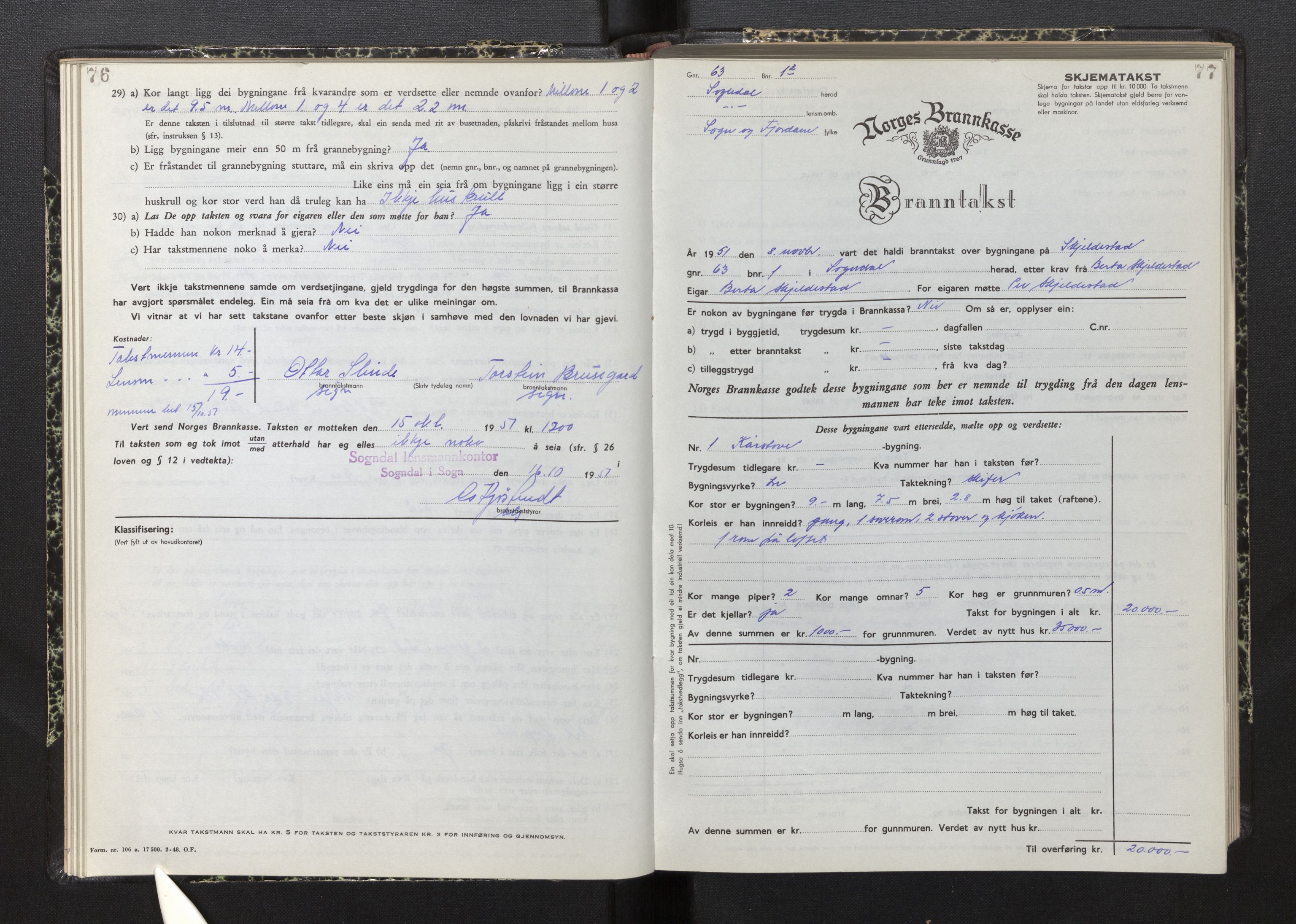 Lensmannen i Sogndal, AV/SAB-A-29901/0012/L0015: Branntakstprotokoll, skjematakst, 1950-1955, p. 76-77