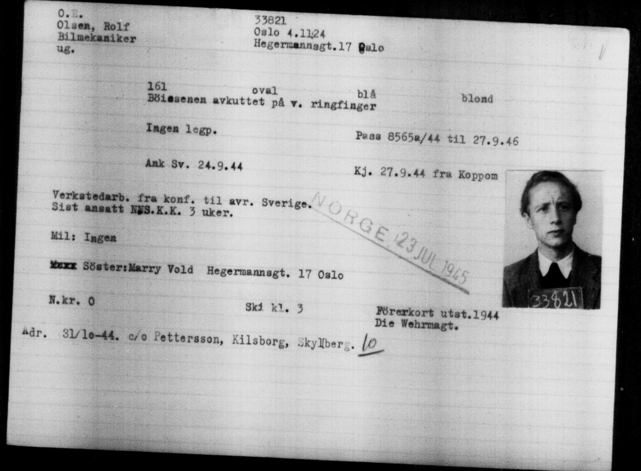 Utenriksstasjonene, Legasjonen i Stockholm, Flyktningkontoret, AV/RA-S-6753/V/Va/L0013: Kjesäterkartoteket, flyktninger med registreringsnr. 31500-34731, 1940-1945, p. 2449