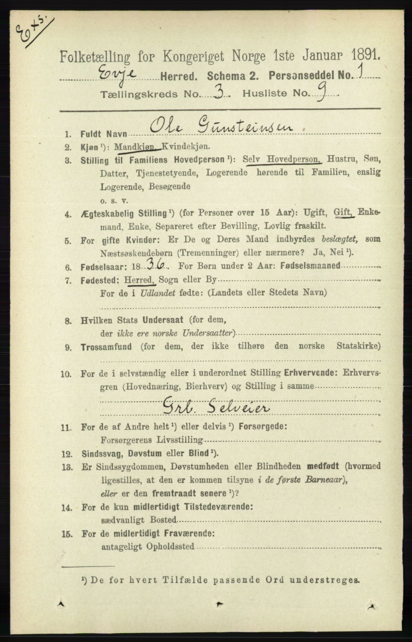 RA, Census 1891 for Nedenes amt: Gjenparter av personsedler for beslektede ektefeller, menn, 1891, p. 1003