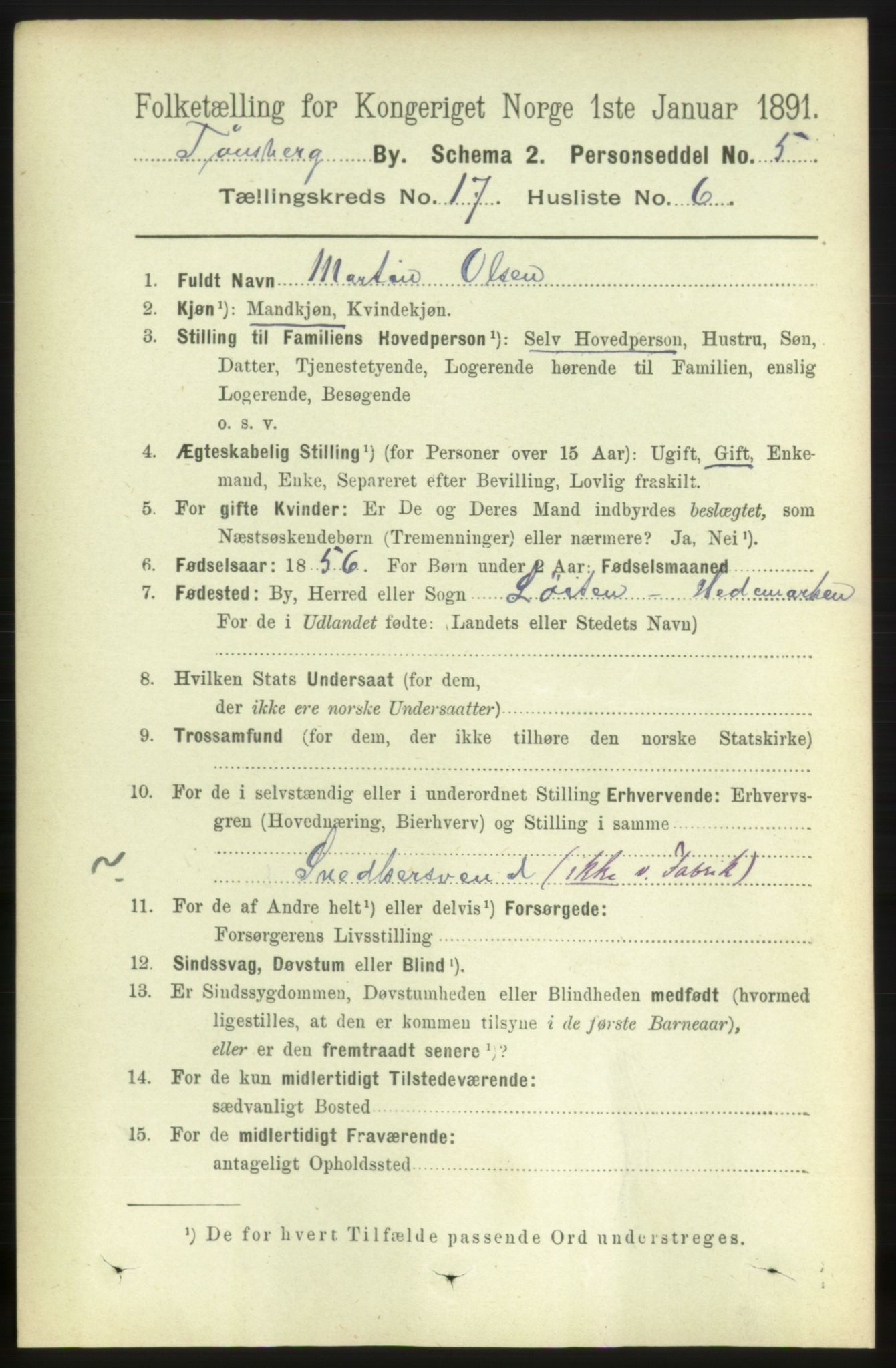 RA, 1891 census for 0705 Tønsberg, 1891, p. 5019