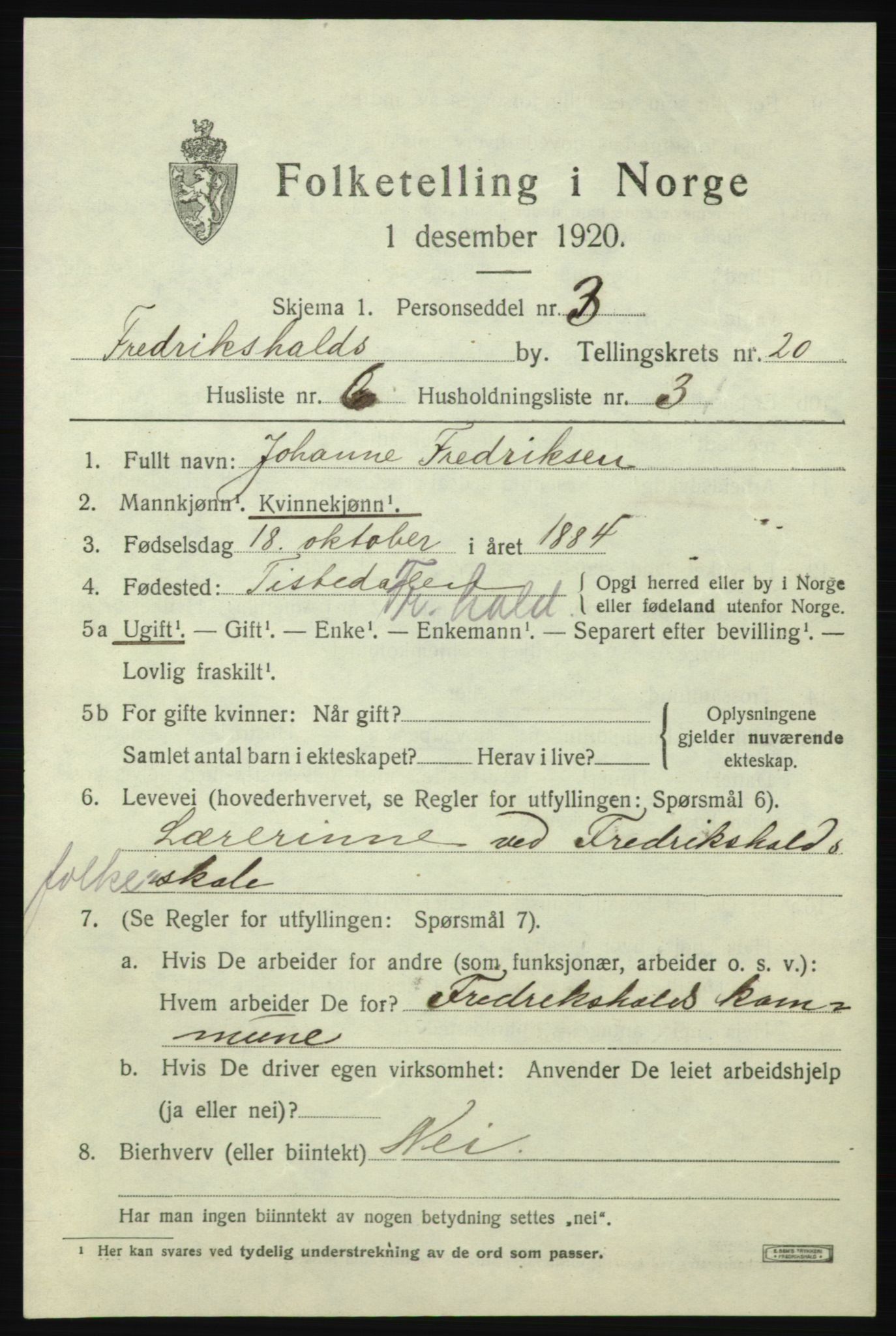 SAO, 1920 census for Fredrikshald, 1920, p. 29297