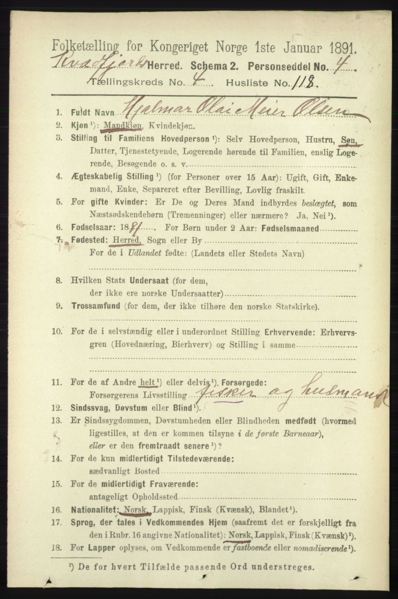 RA, 1891 census for 1911 Kvæfjord, 1891, p. 2650