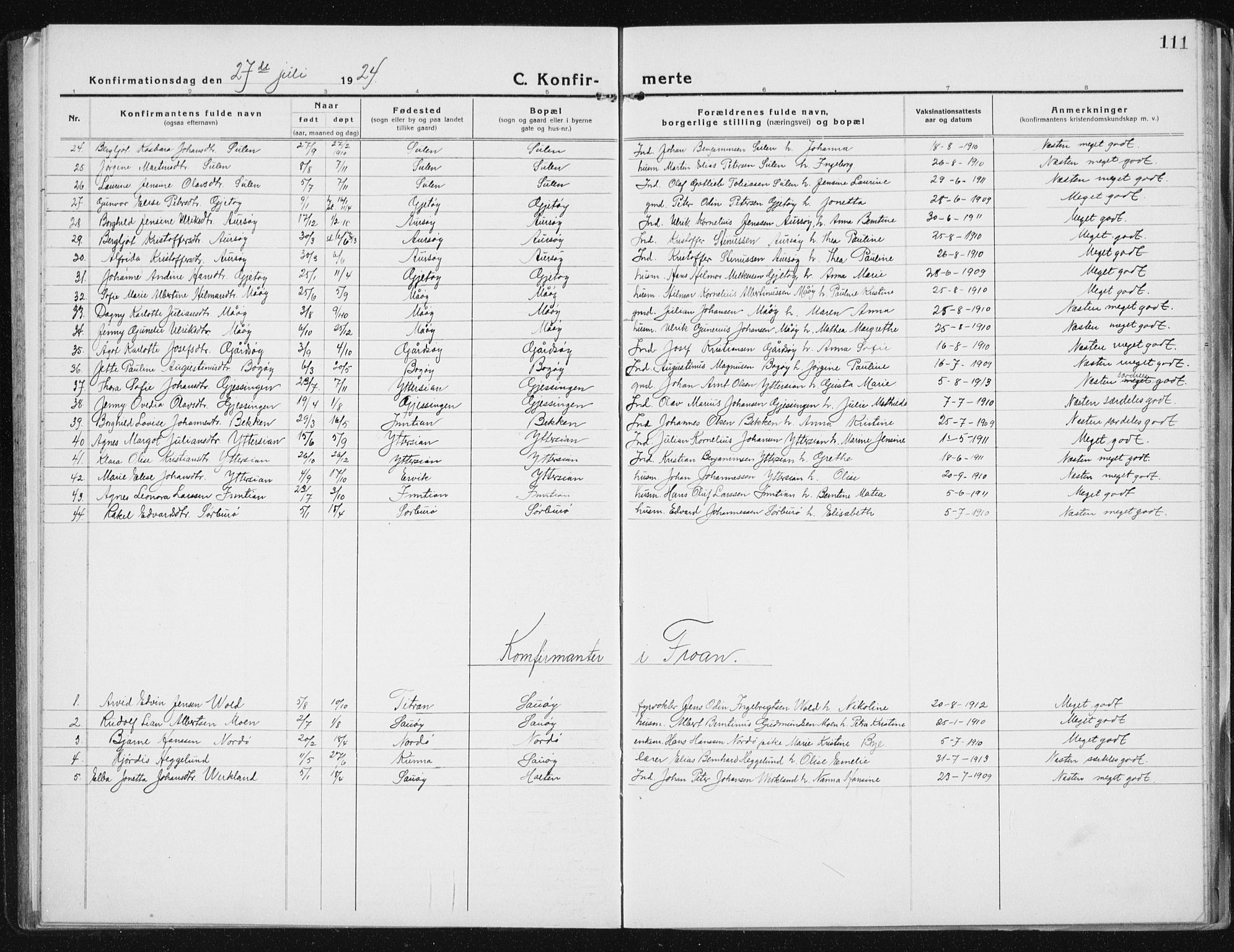 Ministerialprotokoller, klokkerbøker og fødselsregistre - Sør-Trøndelag, SAT/A-1456/640/L0589: Parish register (copy) no. 640C06, 1922-1934, p. 111