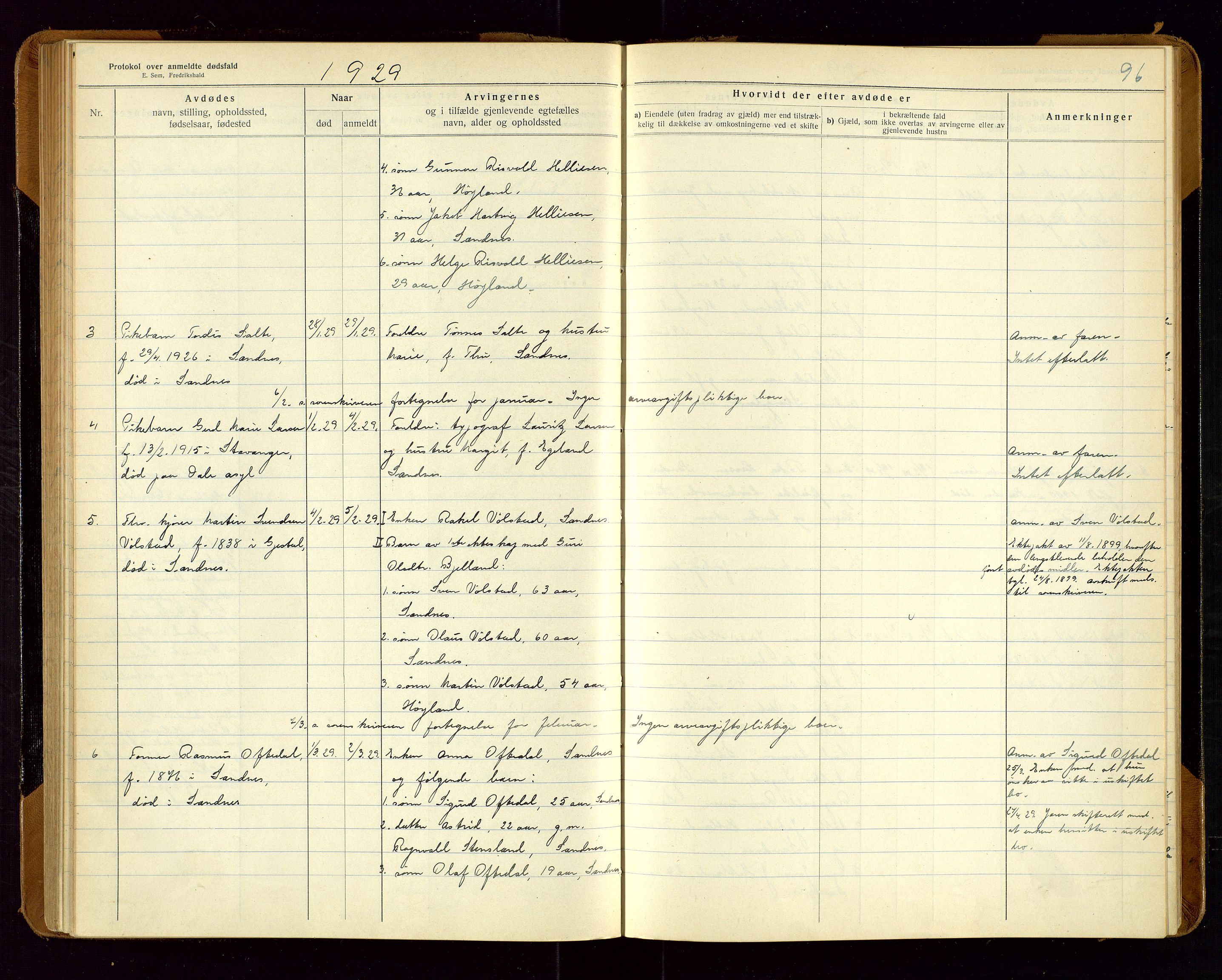 Sandnes lensmannskontor, SAST/A-100167/Gga/L0001: "Protokol over anmeldte dødsfald" m/register, 1918-1940, p. 96
