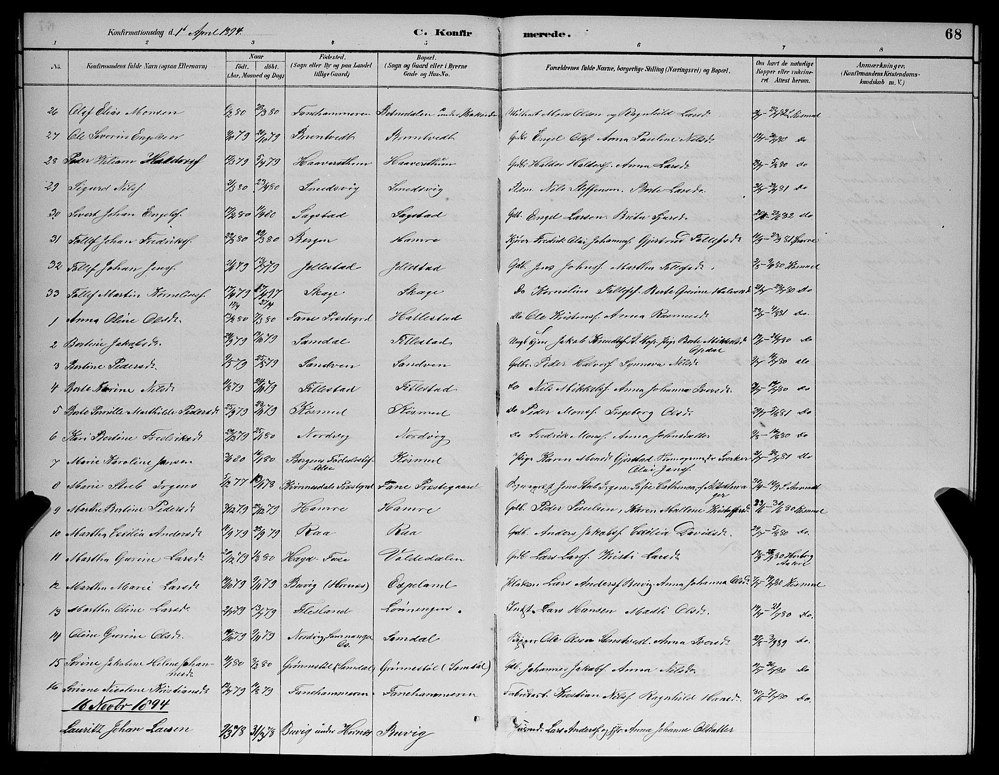 Fana Sokneprestembete, SAB/A-75101/H/Hab/Haba/L0002: Parish register (copy) no. A 2, 1889-1895, p. 68