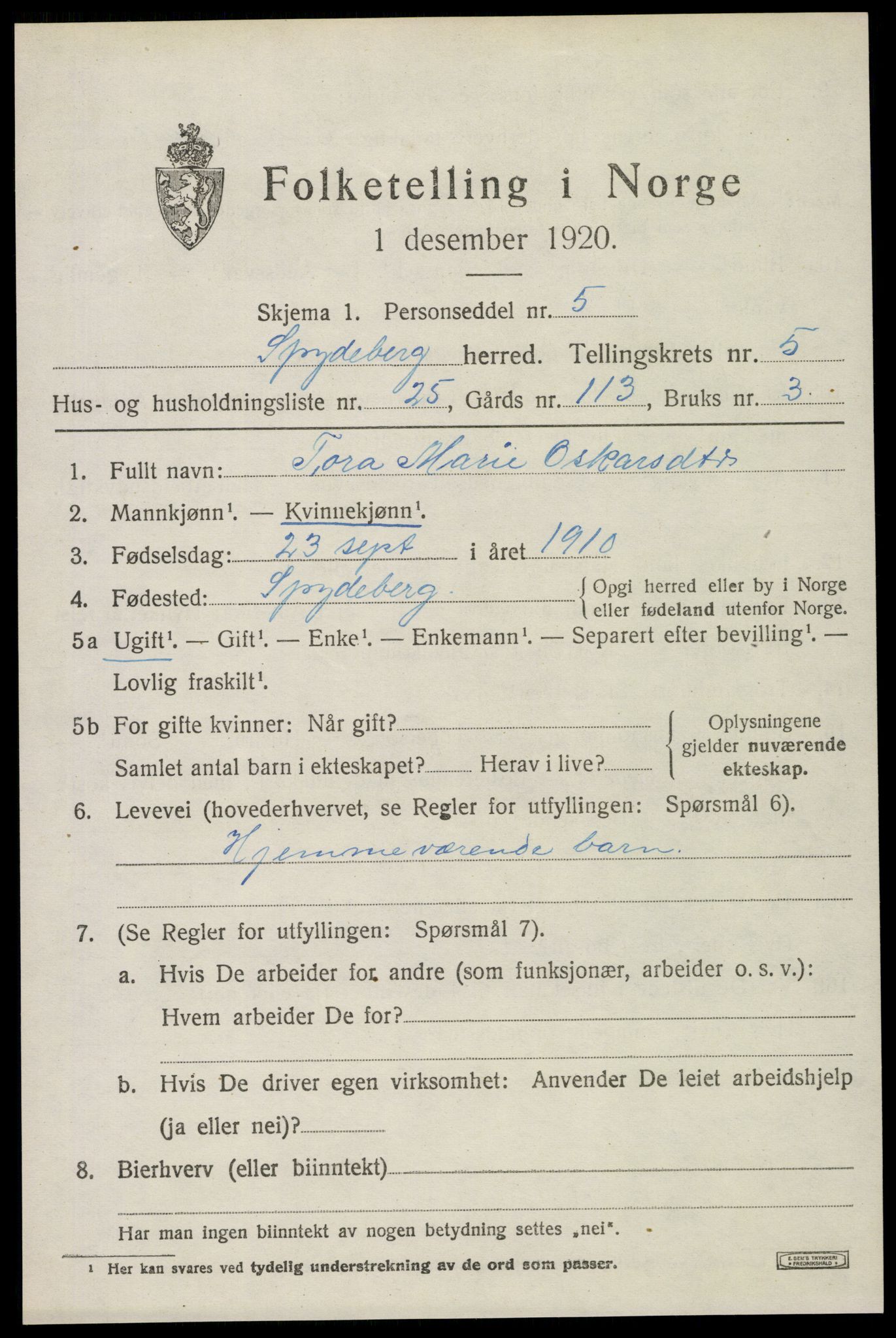 SAO, 1920 census for Spydeberg, 1920, p. 6441