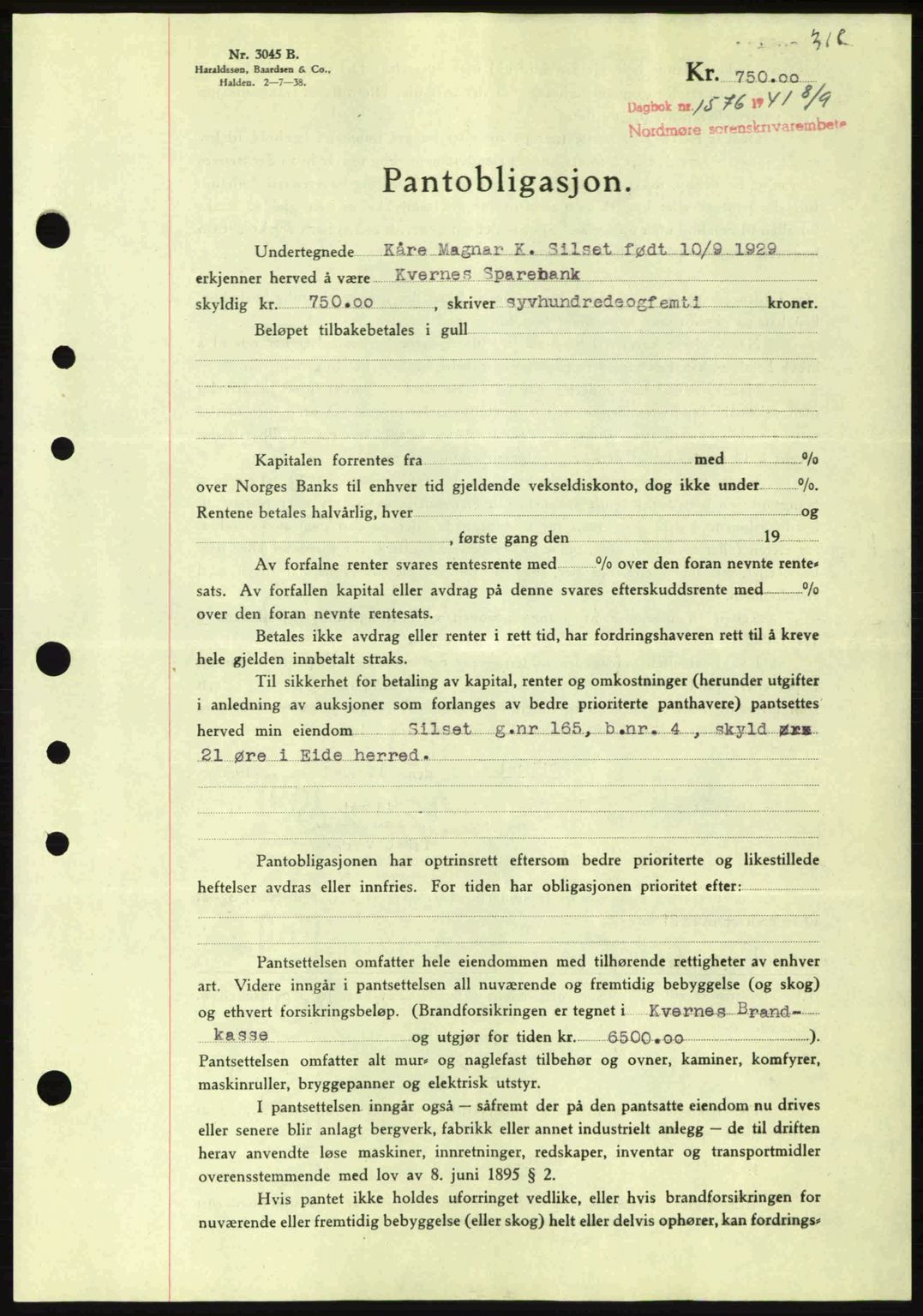 Nordmøre sorenskriveri, AV/SAT-A-4132/1/2/2Ca: Mortgage book no. B88, 1941-1942, Diary no: : 1576/1941