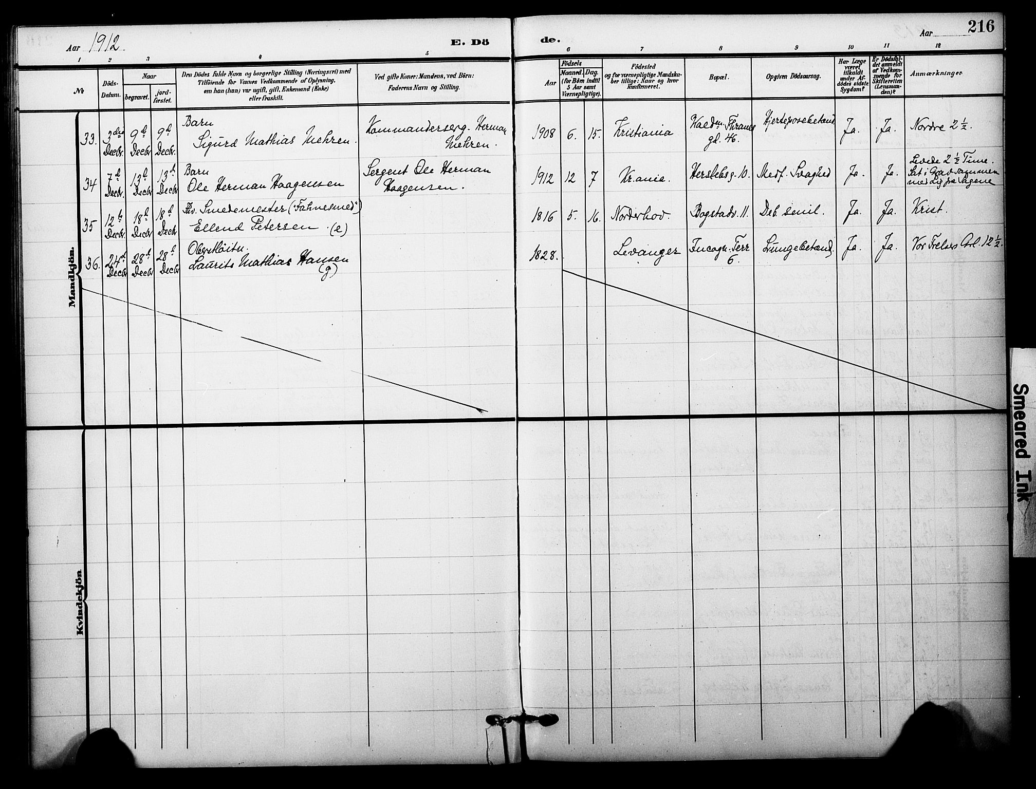 Garnisonsmenigheten Kirkebøker, AV/SAO-A-10846/F/Fa/L0014: Parish register (official) no. 14, 1905-1914, p. 216