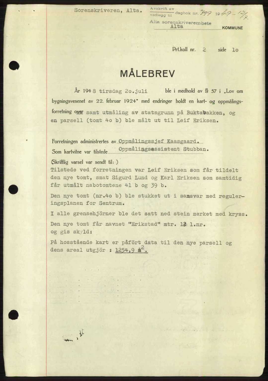 Alta fogderi/sorenskriveri, AV/SATØ-SATØ-5/1/K/Kd/L0037pantebok: Mortgage book no. 39-40, 1948-1949, Diary no: : 799/1949