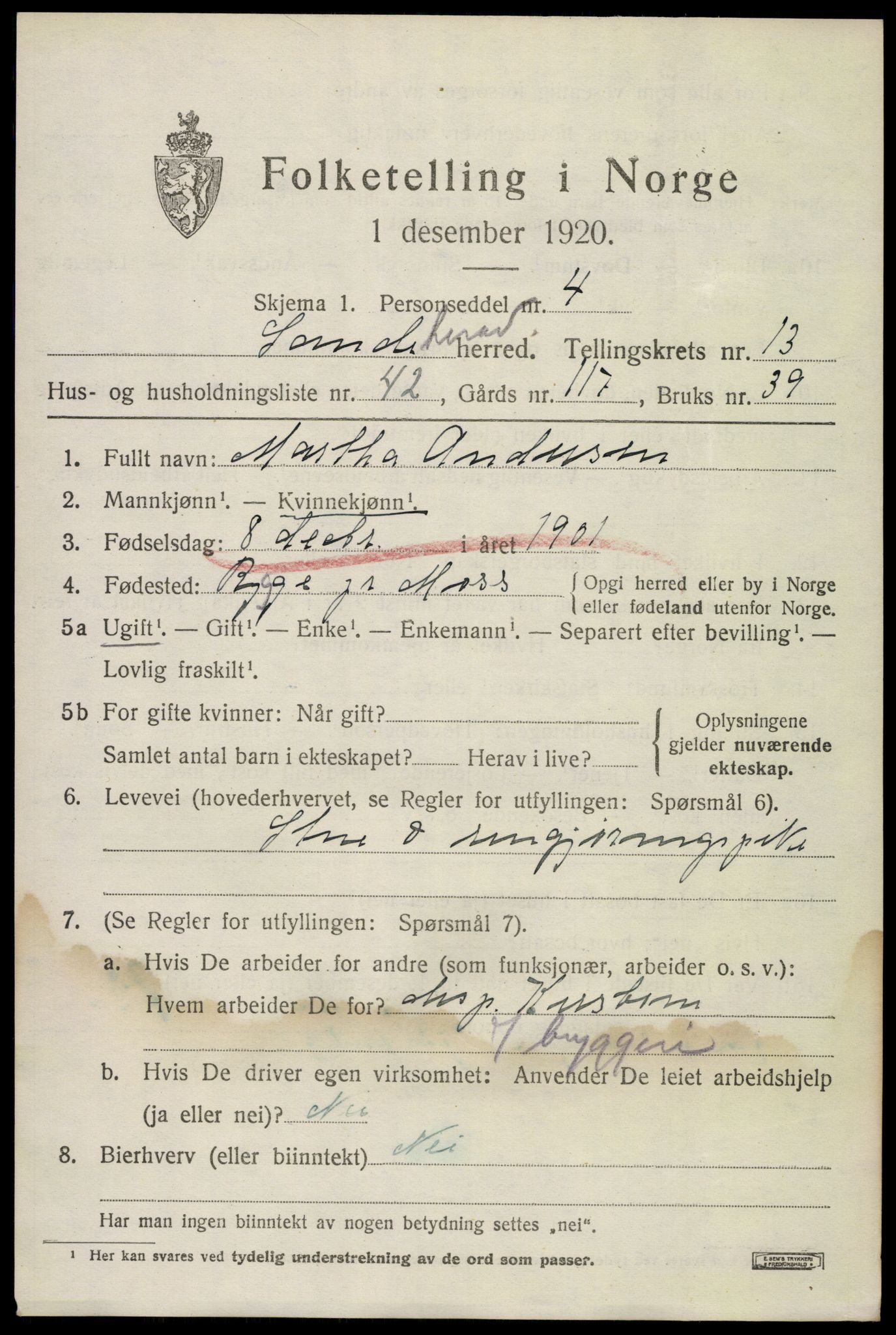 SAKO, 1920 census for Sandeherred, 1920, p. 19806