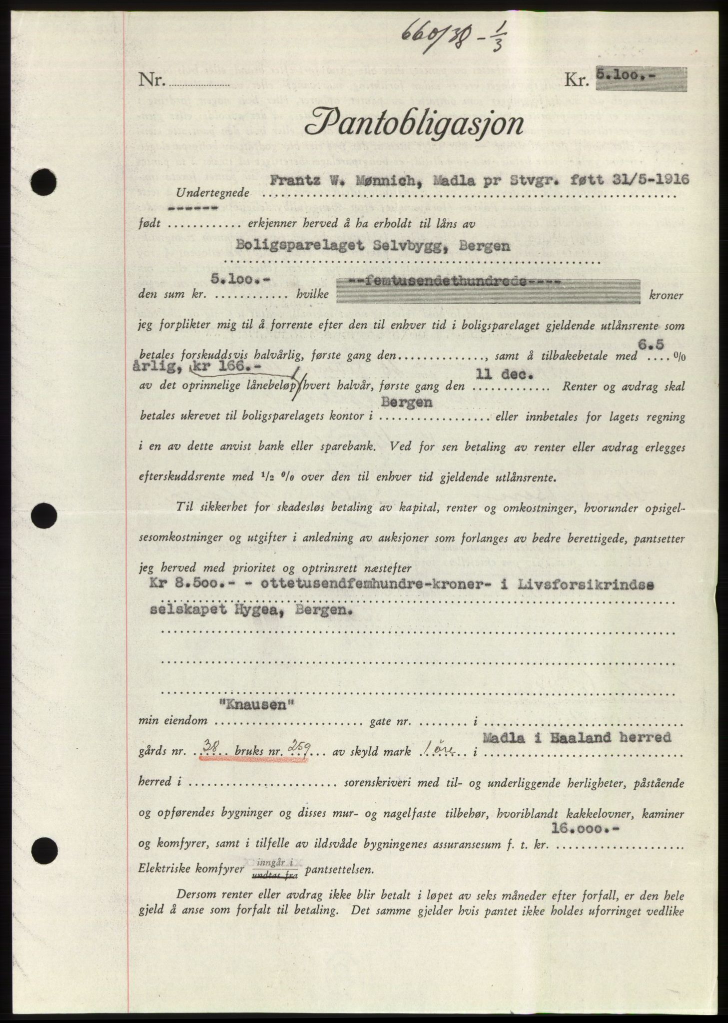 Jæren sorenskriveri, SAST/A-100310/03/G/Gba/L0070: Mortgage book, 1938-1938, Diary no: : 660/1938