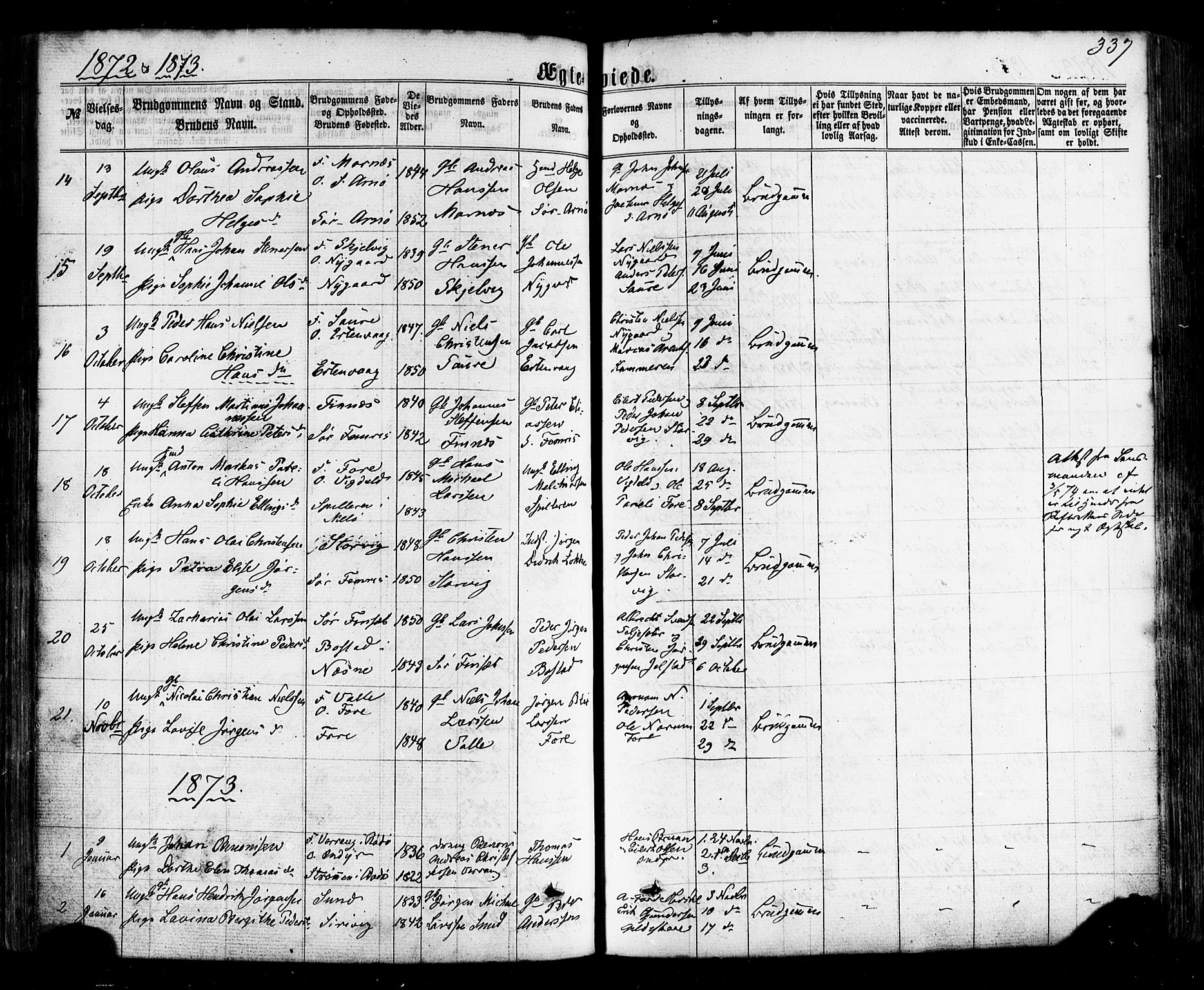 Ministerialprotokoller, klokkerbøker og fødselsregistre - Nordland, AV/SAT-A-1459/805/L0098: Parish register (official) no. 805A05, 1862-1879, p. 337