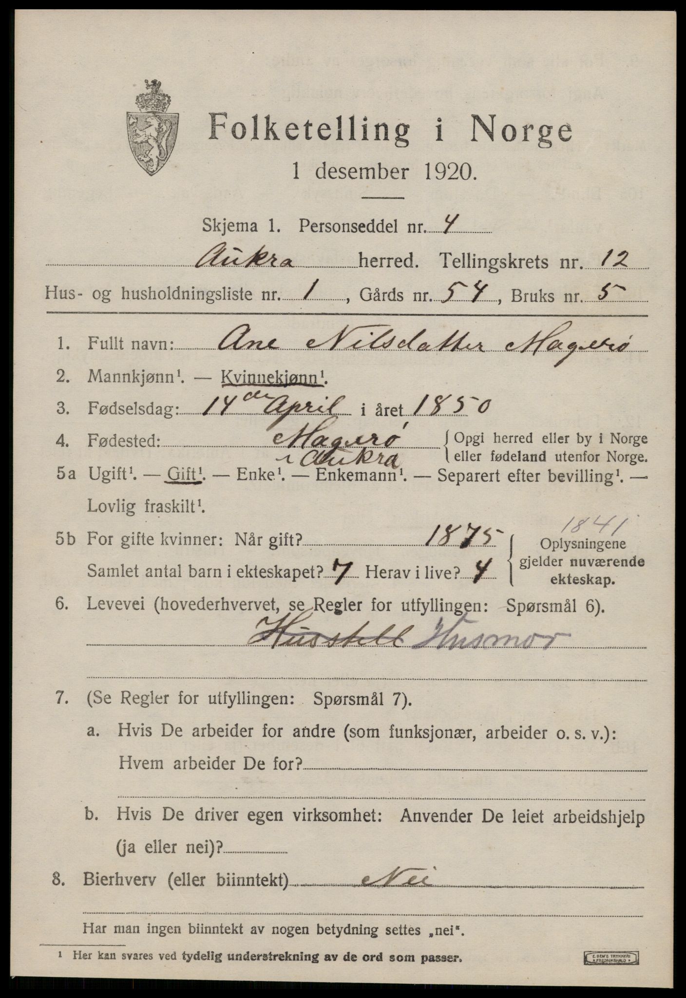 SAT, 1920 census for Aukra, 1920, p. 5417