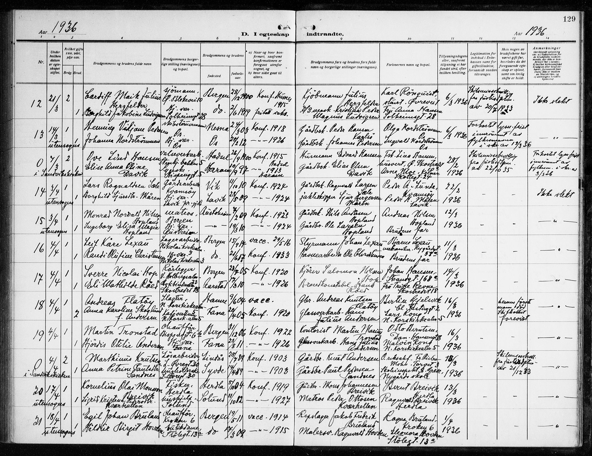 Korskirken sokneprestembete, AV/SAB-A-76101/H/Haa/L0039: Parish register (official) no. D 6, 1919-1938, p. 129