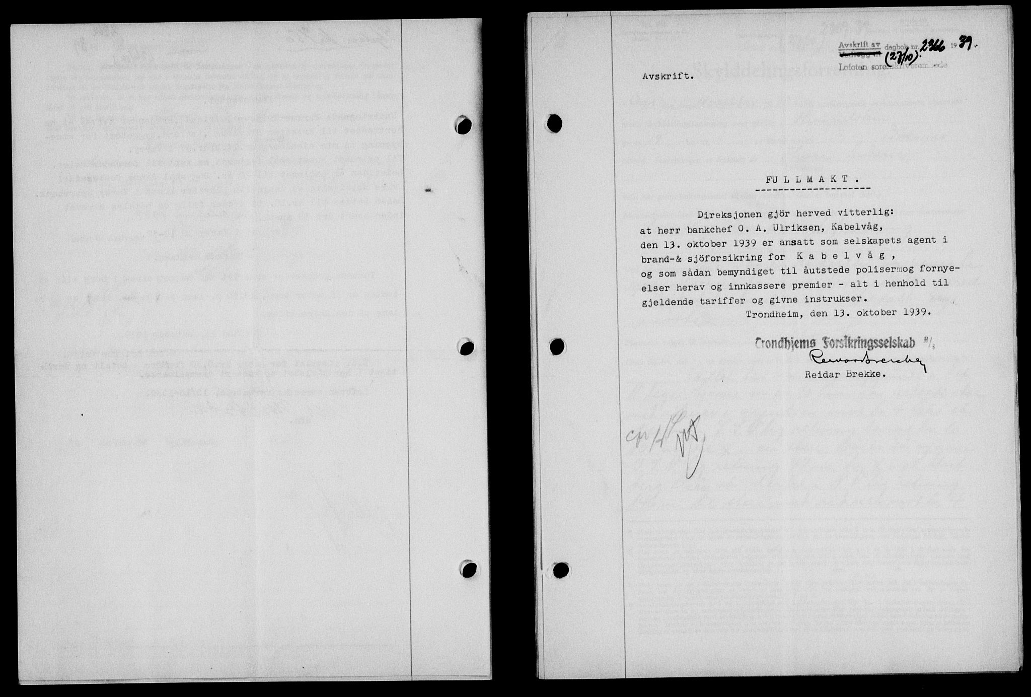 Lofoten sorenskriveri, SAT/A-0017/1/2/2C/L0006a: Mortgage book no. 6a, 1939-1939, Diary no: : 2366/1939