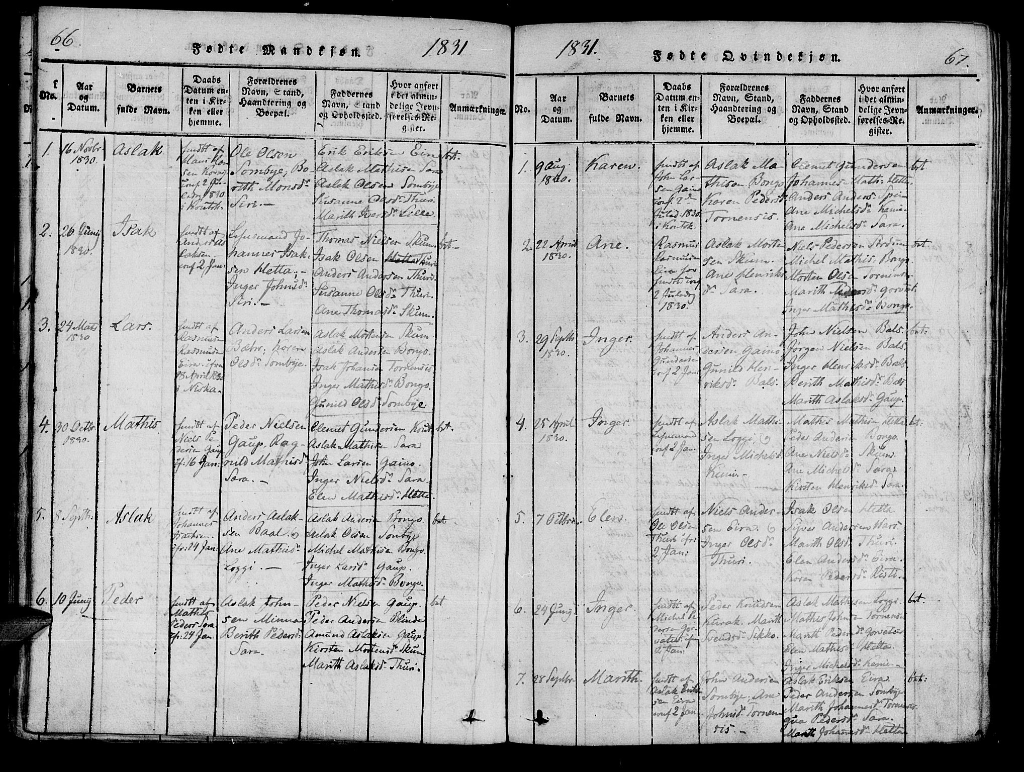 Kistrand/Porsanger sokneprestembete, SATØ/S-1351/H/Ha/L0010.kirke: Parish register (official) no. 10, 1821-1842, p. 66-67