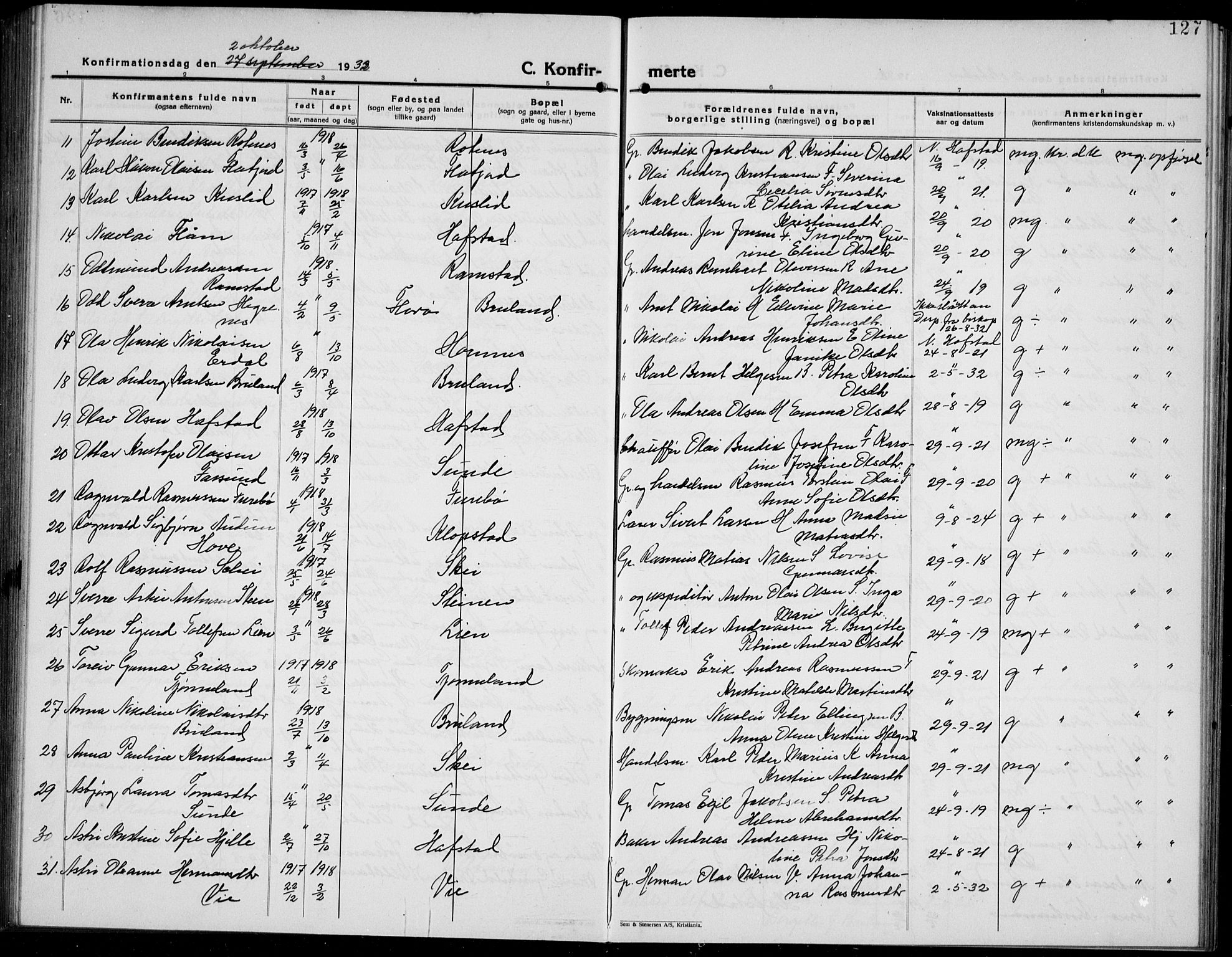 Førde sokneprestembete, AV/SAB-A-79901/H/Hab/Haba/L0004: Parish register (copy) no. A 4, 1924-1941, p. 127