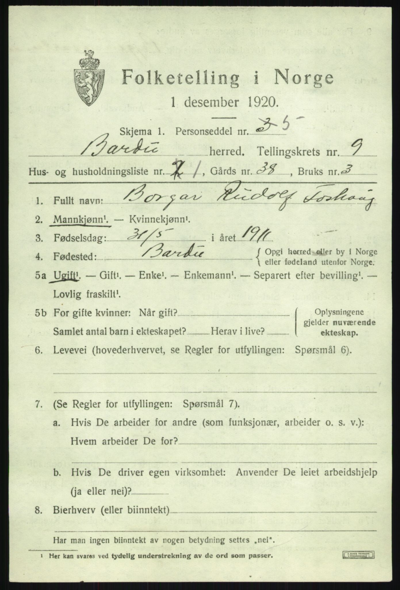 SATØ, 1920 census for Bardu, 1920, p. 3175