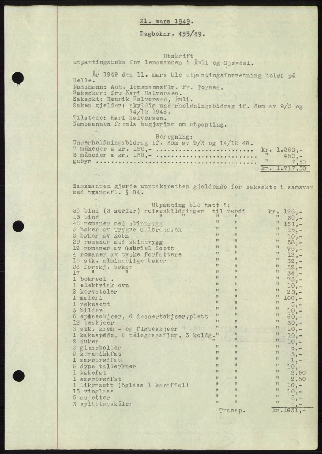 Nedenes sorenskriveri, SAK/1221-0006/G/Gb/Gba/L0060: Mortgage book no. A12, 1948-1949, Diary no: : 435/1949