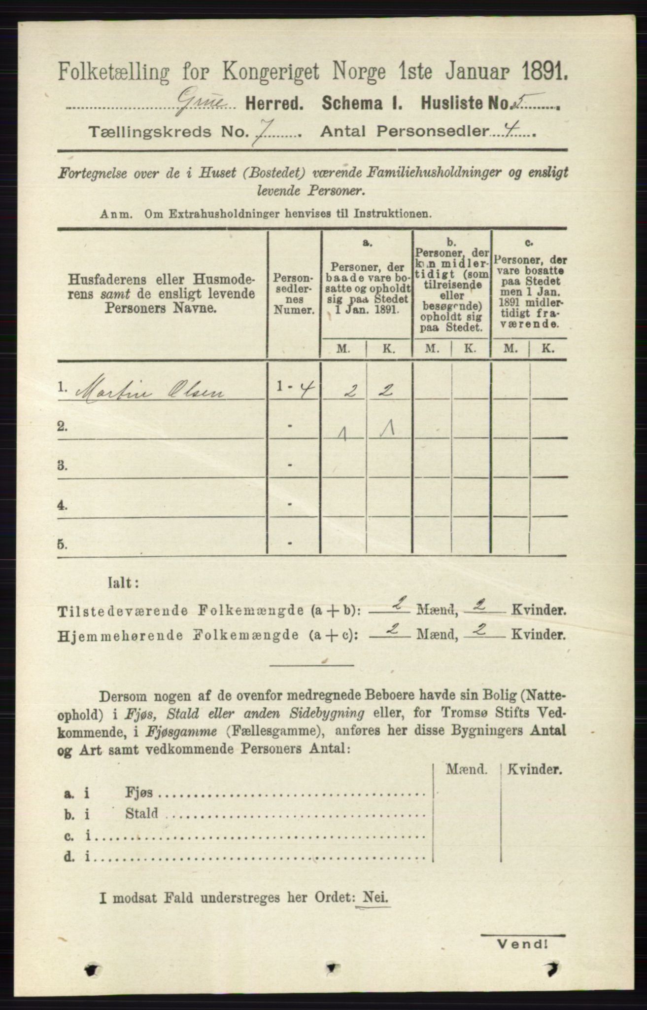 RA, 1891 census for 0423 Grue, 1891, p. 3453