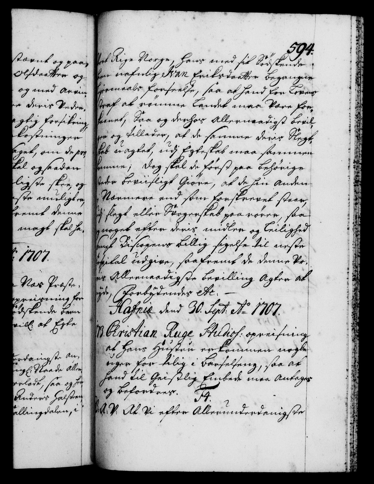 Danske Kanselli 1572-1799, AV/RA-EA-3023/F/Fc/Fca/Fcaa/L0019: Norske registre, 1704-1707, p. 594a