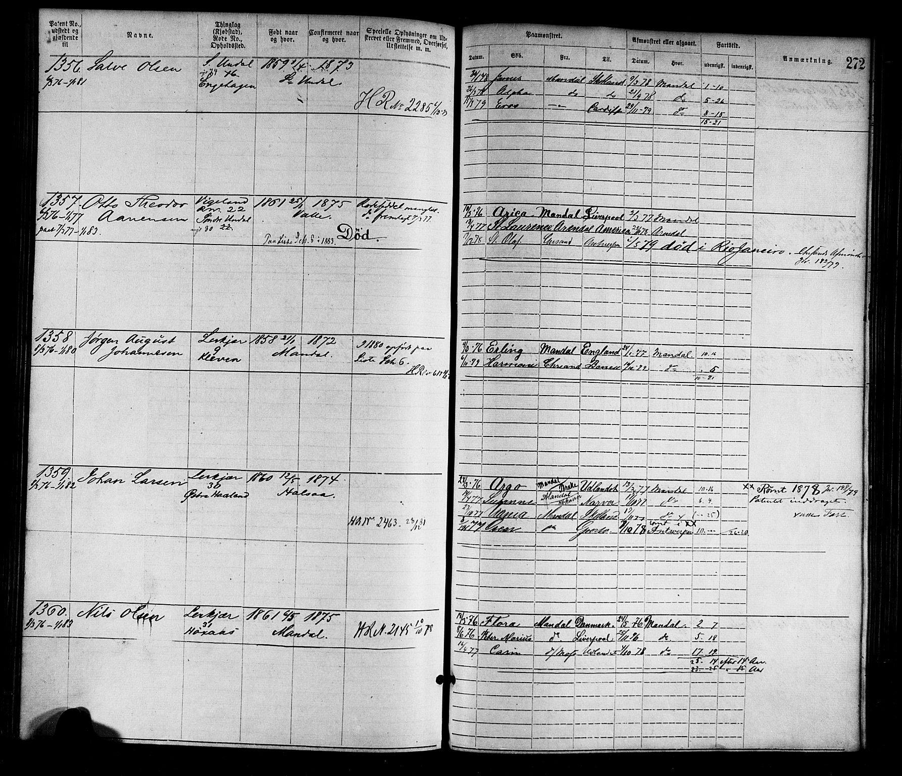 Mandal mønstringskrets, SAK/2031-0016/F/Fa/L0001: Annotasjonsrulle nr 1-1920 med register, L-3, 1869-1881, p. 308