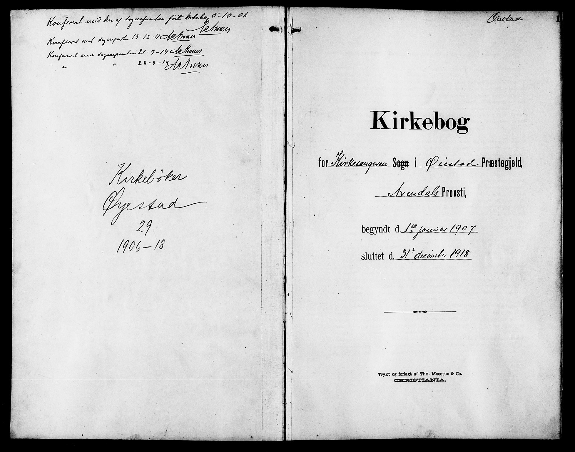 Øyestad sokneprestkontor, SAK/1111-0049/F/Fb/L0011: Parish register (copy) no. B 11, 1906-1918, p. 1