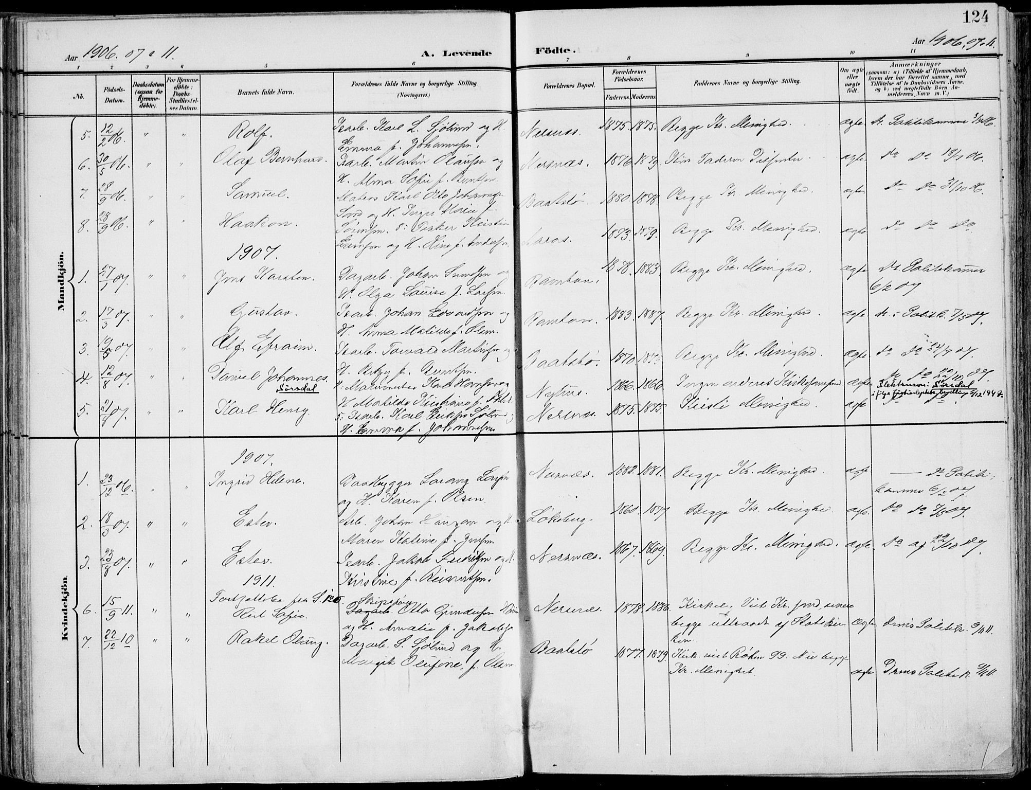 Røyken kirkebøker, AV/SAKO-A-241/F/Fa/L0009: Parish register (official) no. 9, 1898-1911, p. 124