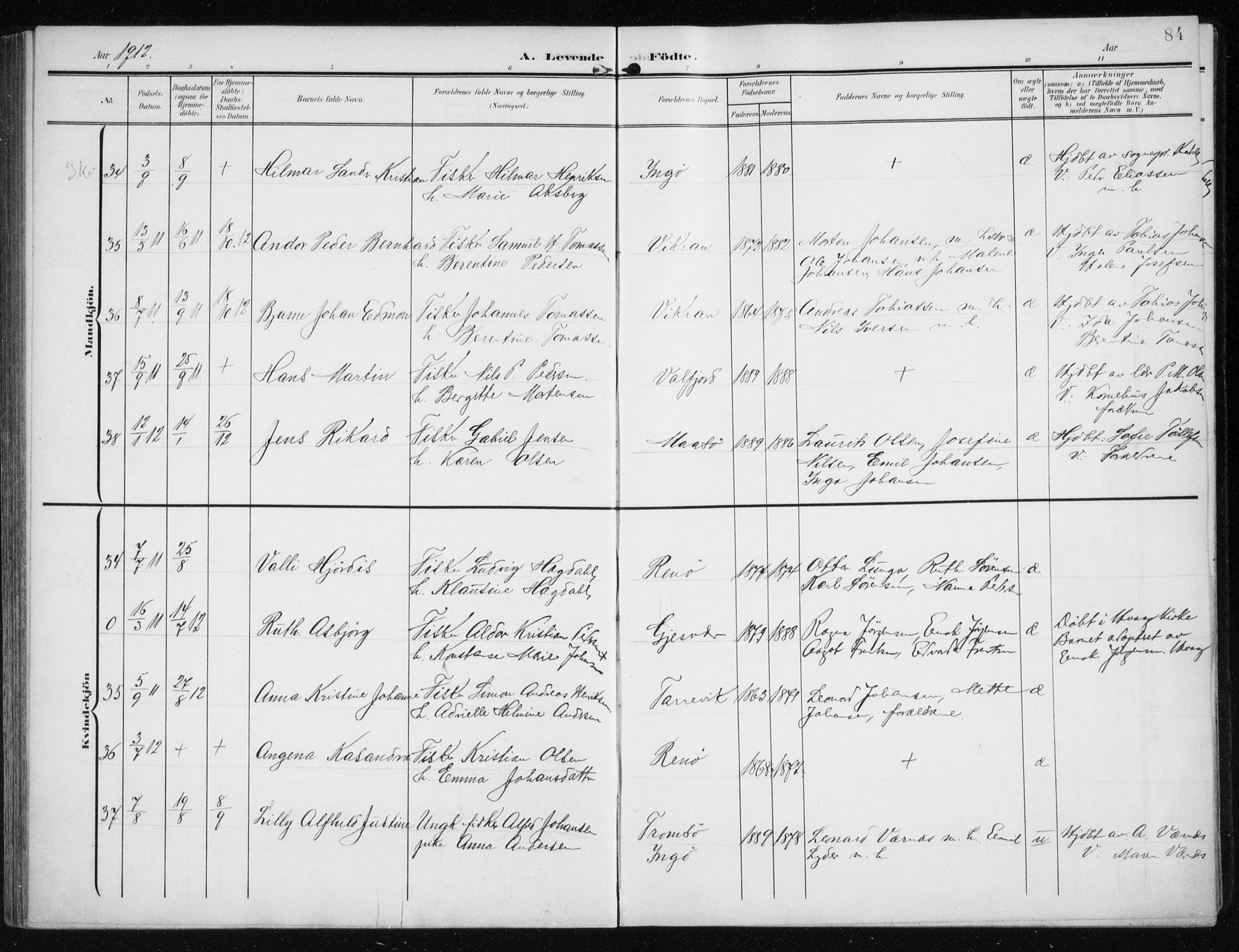 Måsøy sokneprestkontor, AV/SATØ-S-1348/H/Ha/L0009kirke: Parish register (official) no. 9, 1903-1914, p. 84