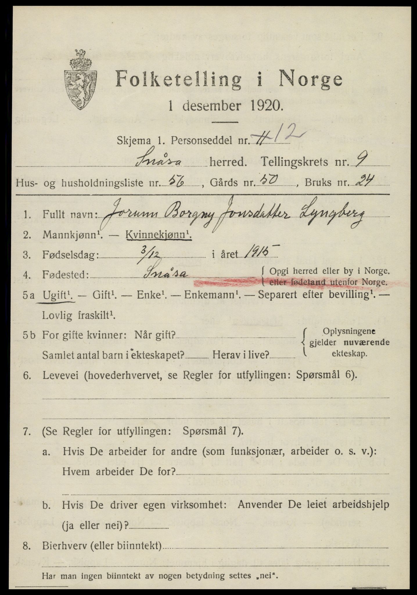 SAT, 1920 census for Snåsa, 1920, p. 4308